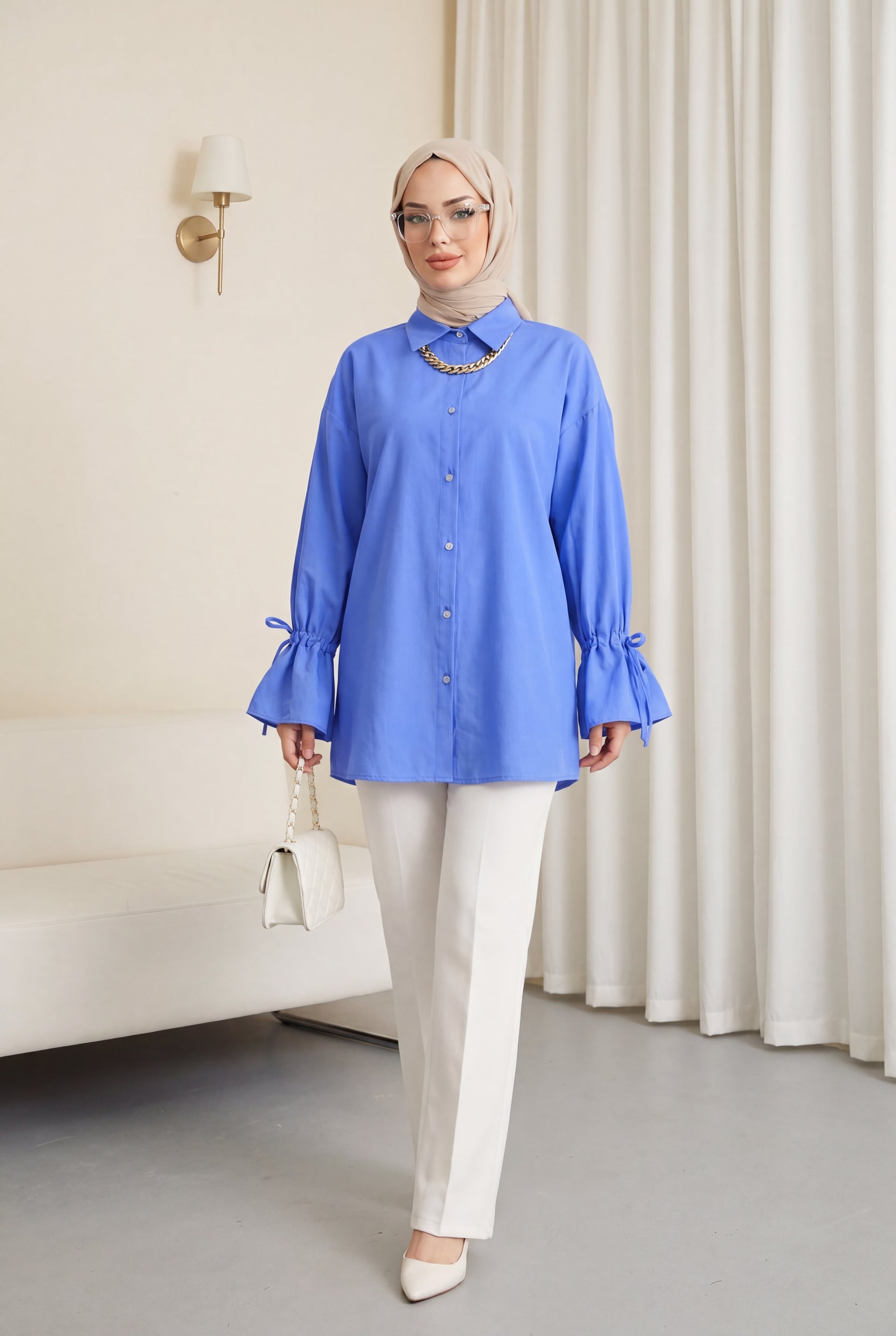 Indigo Long-Sleeved Blouse with Ruched Sleeves and Pleated Back - Podyumplus - by Peralane - photo 2
