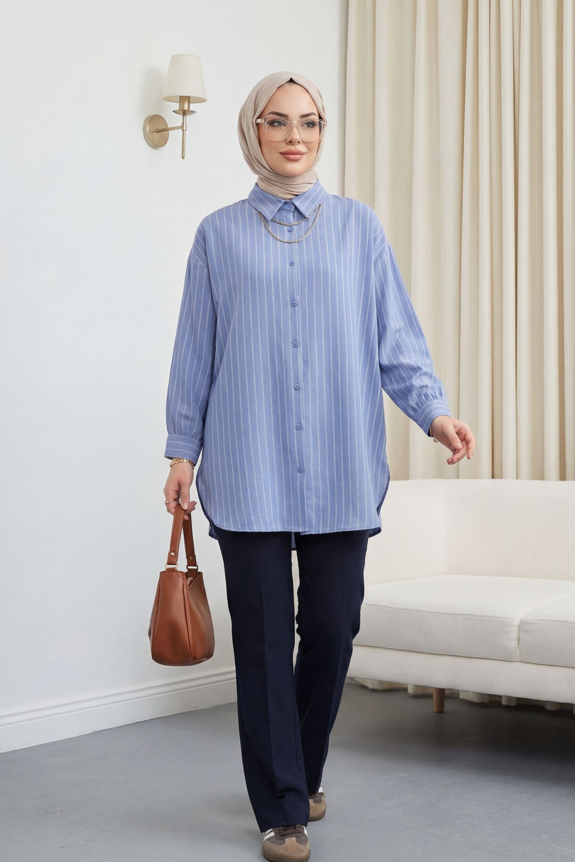 Striped Side-Slit Oversized Linda Tunic - Ice Blue - Podyumplus - by Peralane - photo 5
