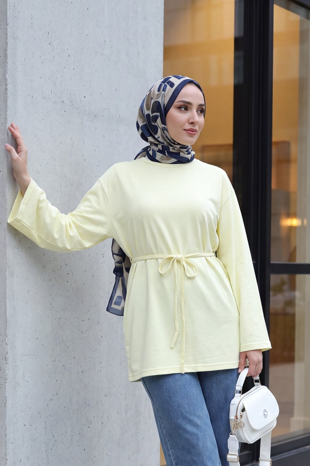 Round Neck Tie-Belt Knit Tunic - Pale Yellow - Podyumplus - by Peralane - photo 4