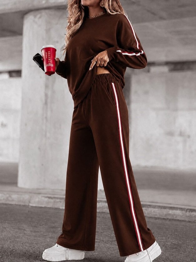 Women's Long Sleeve Crew Neck Striped Detail Viscose Two-Thread Blouse and Trousers Two-Piece Set - Janes - by Peralane