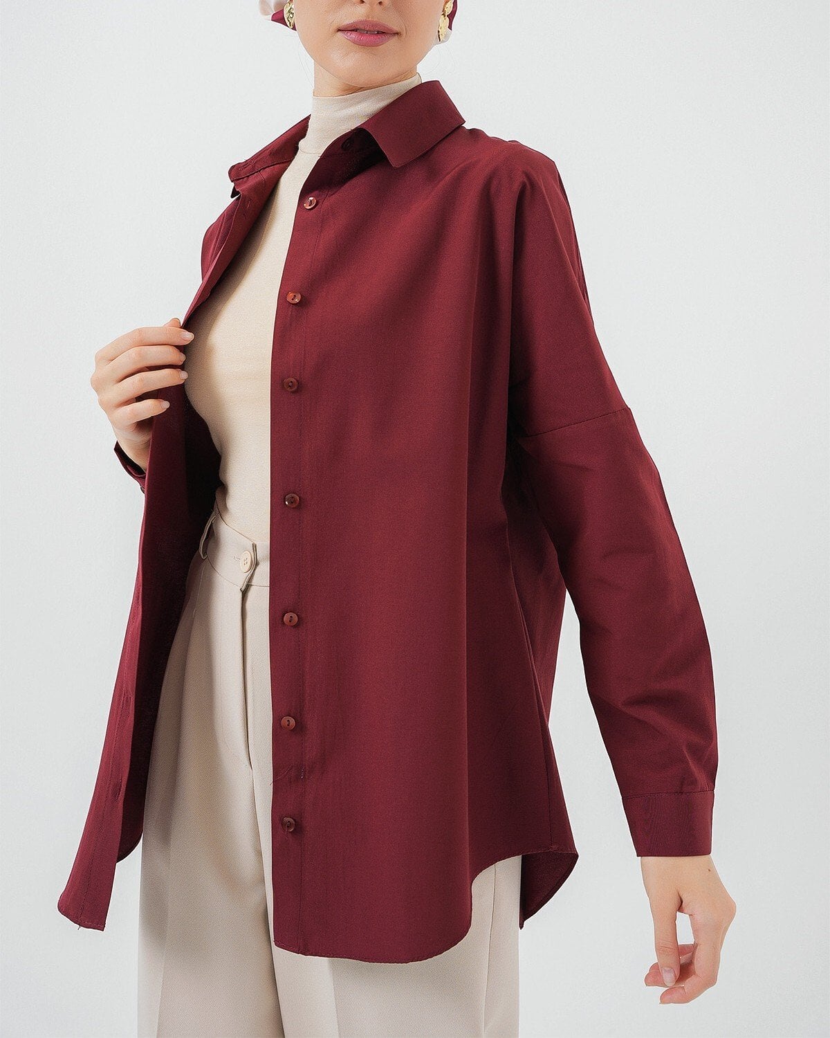 Oversize Basic Tunic Blouse with Wide-Leg Trousers Set - Burgundy and Cream - Bigdart - by Peralane - photo 4