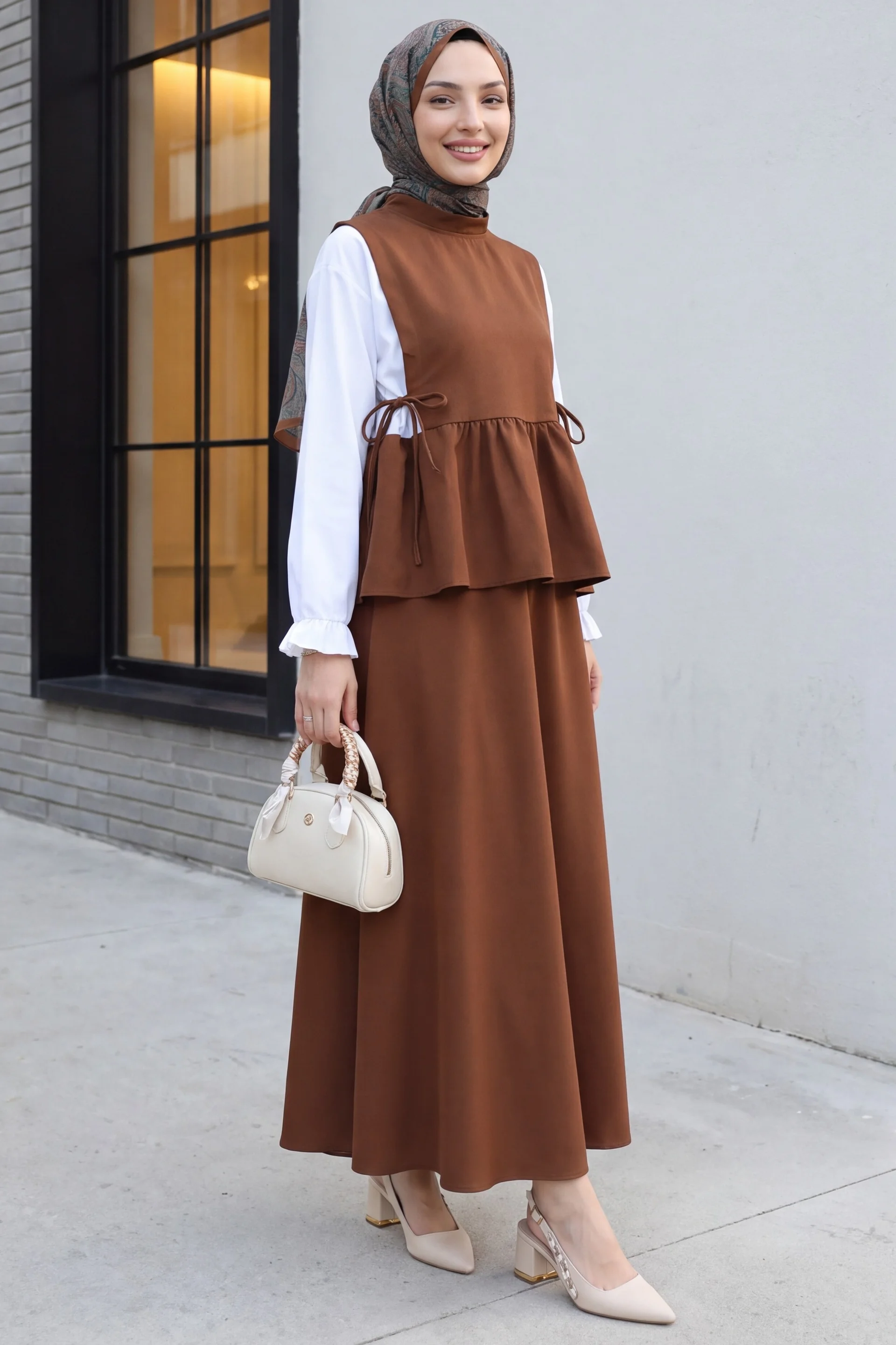 Shirt Detail Lace-Up Peplum Double Set - Brown - Podyumplus - by Peralane - photo 3