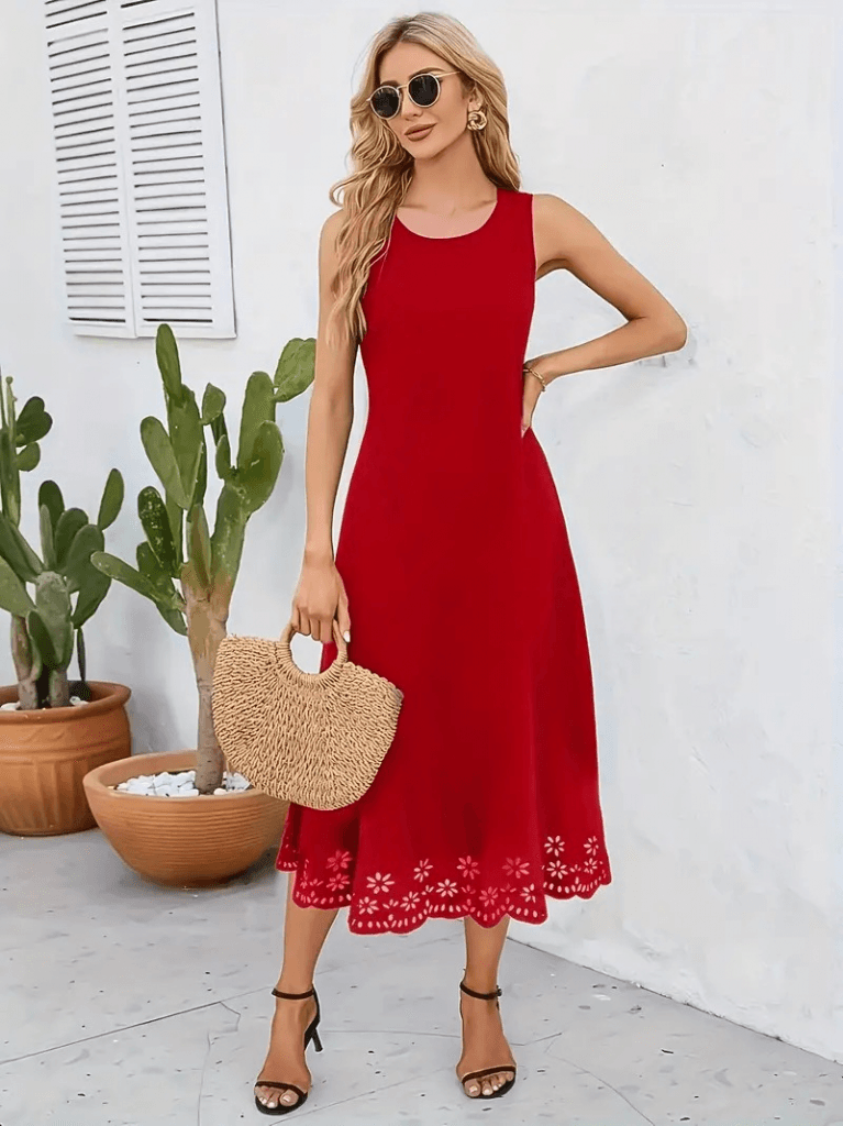 Women's Sleeveless Laser-Cut Floral Hem Midi Crepe Dress in Red - Janes - by Peralane - photo 5