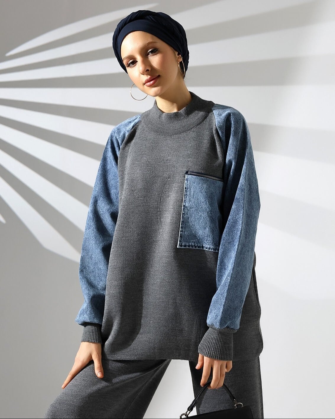 Elasticated Waist Knit Loungewear Set with Denim Details - Charcoal Grey - Podyumplus - by Peralane - photo 5