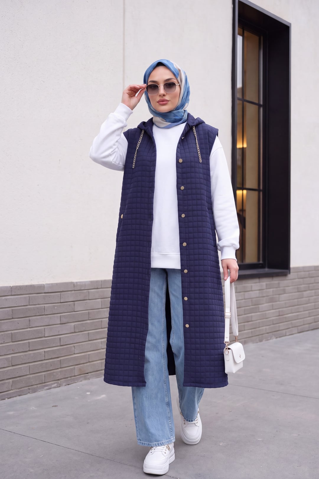 Quilted Long Vest with Hood and Buttons - Navy - Podyumplus - by Peralane