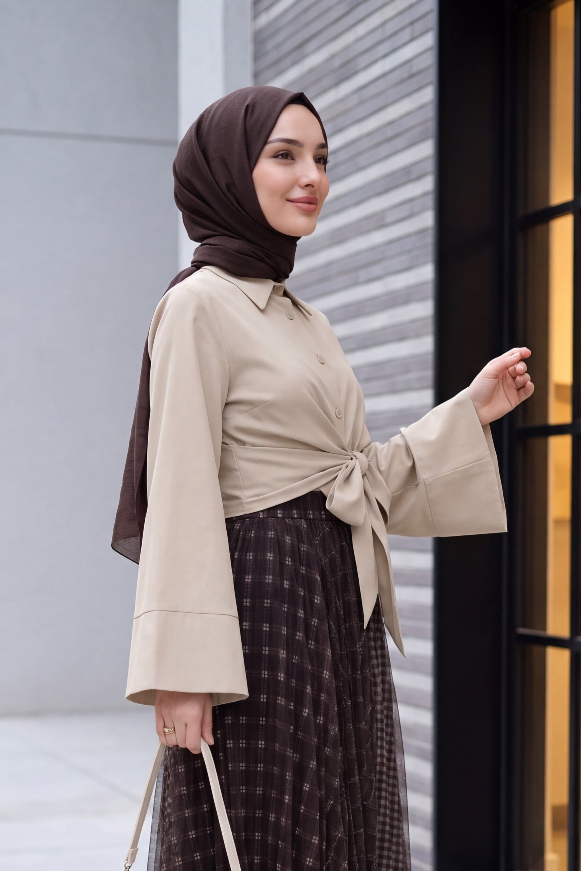 Side-Tie Spanish Sleeve Button Blouse - Light Beige - Podyumplus - by Peralane - photo 2