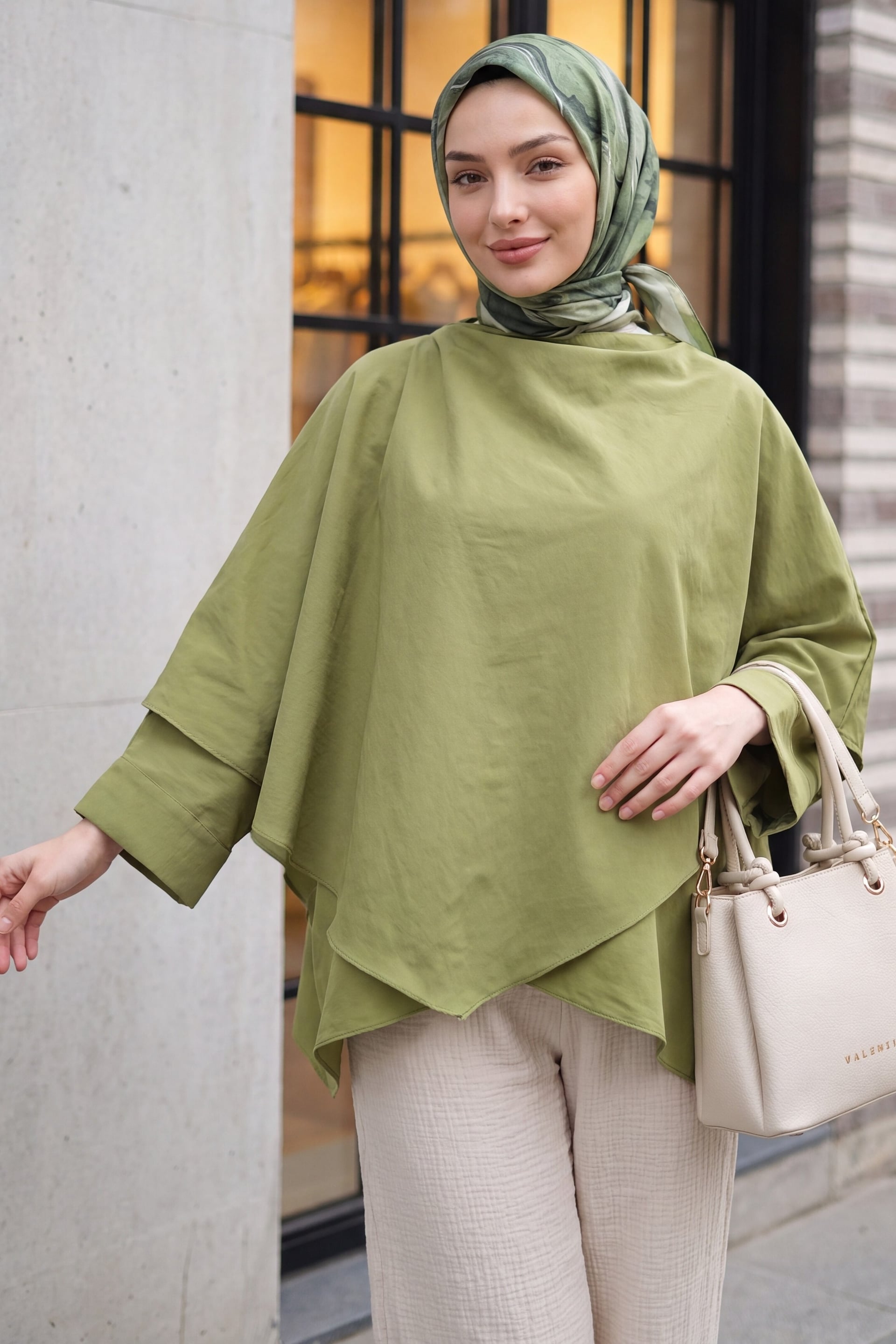 Shoulder Button Batwing Sleeve Modal Kimono Poncho - Olive Green - Podyumplus - by Peralane