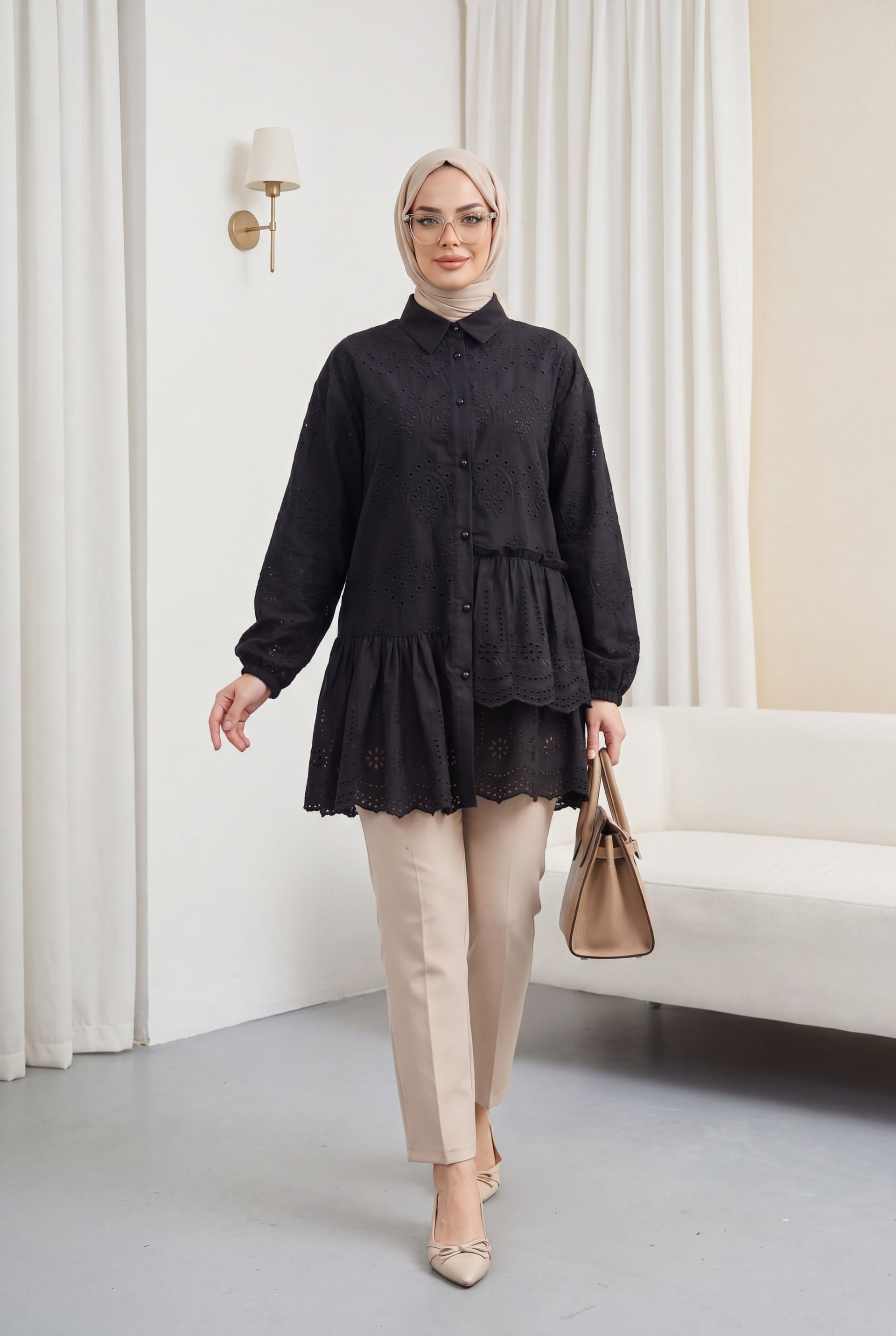Black Floral Eyelet Embroidered Blouse with Pearl Buttons - Podyumplus - by Peralane - photo 2