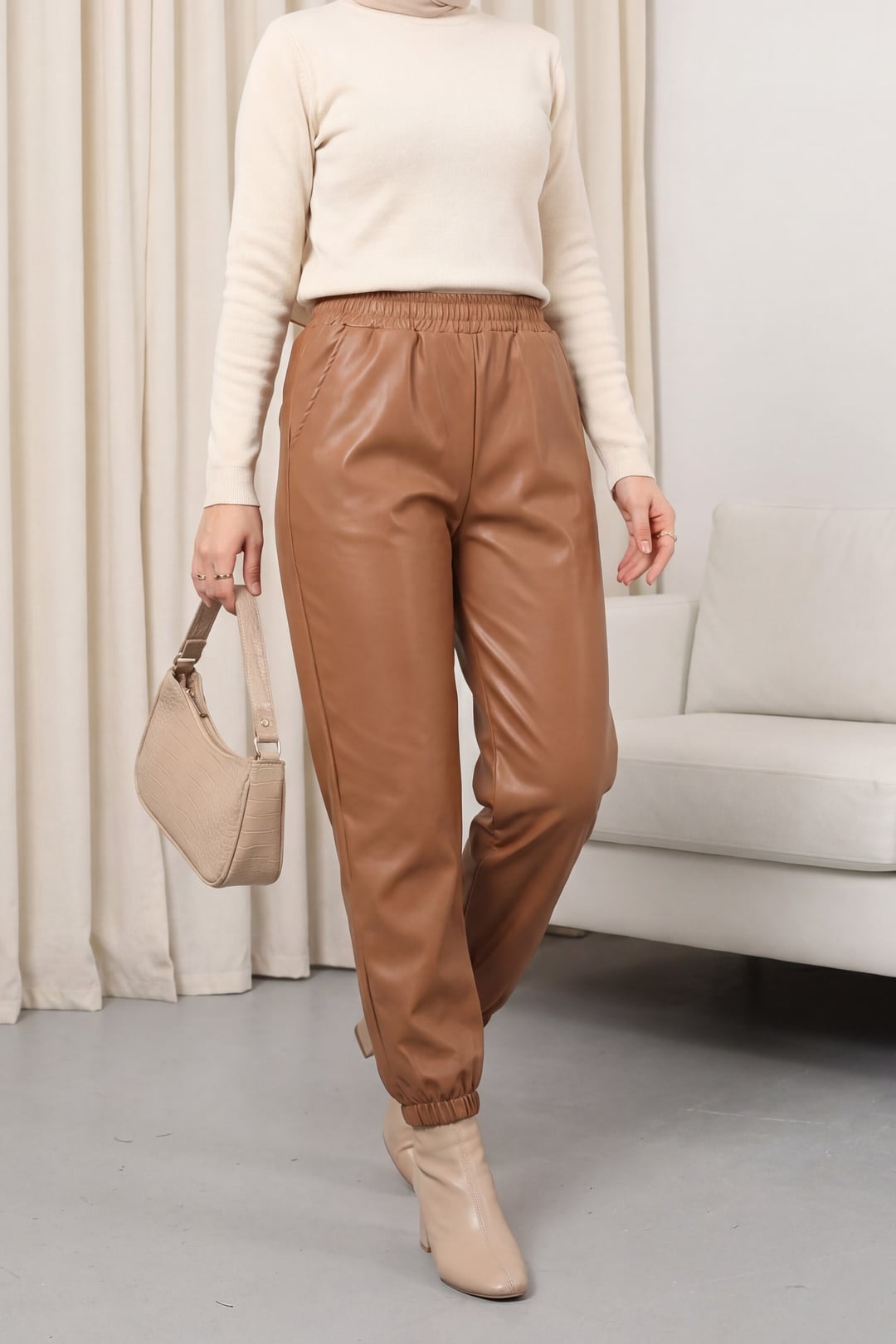 Elasticated Waist and Cuffed Ankle Faux Leather Trousers - Tan - Podyumplus - by Peralane