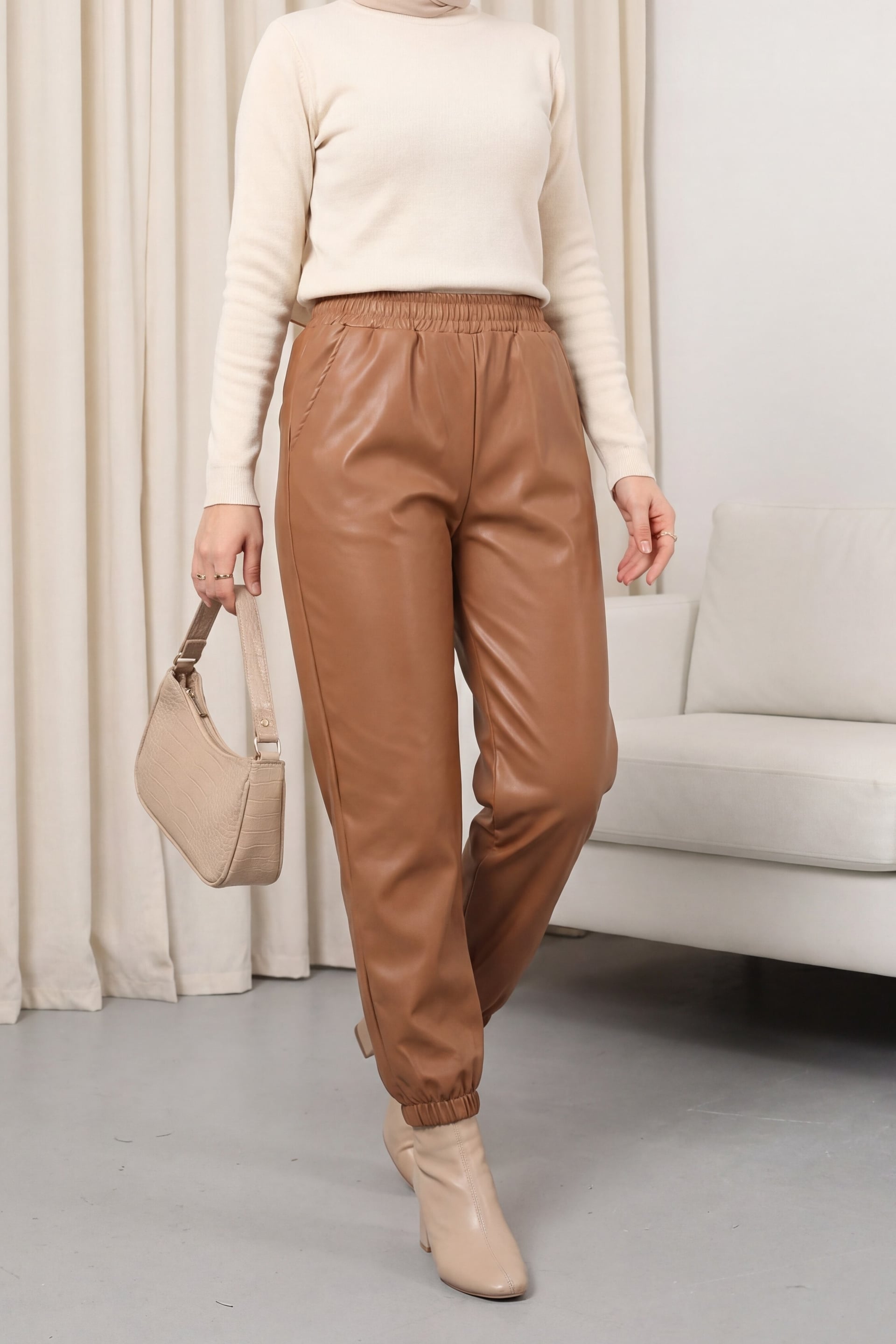 Elasticated Waist and Cuffed Ankle Faux Leather Trousers - Tan - Podyumplus - by Peralane