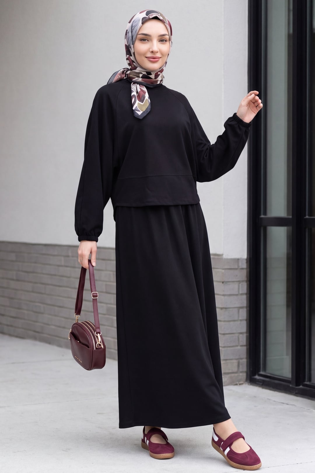 Black Biker Neck Batwing Sleeve Oversize Jersey Skirt Set - Podyumplus - by Peralane - photo 2