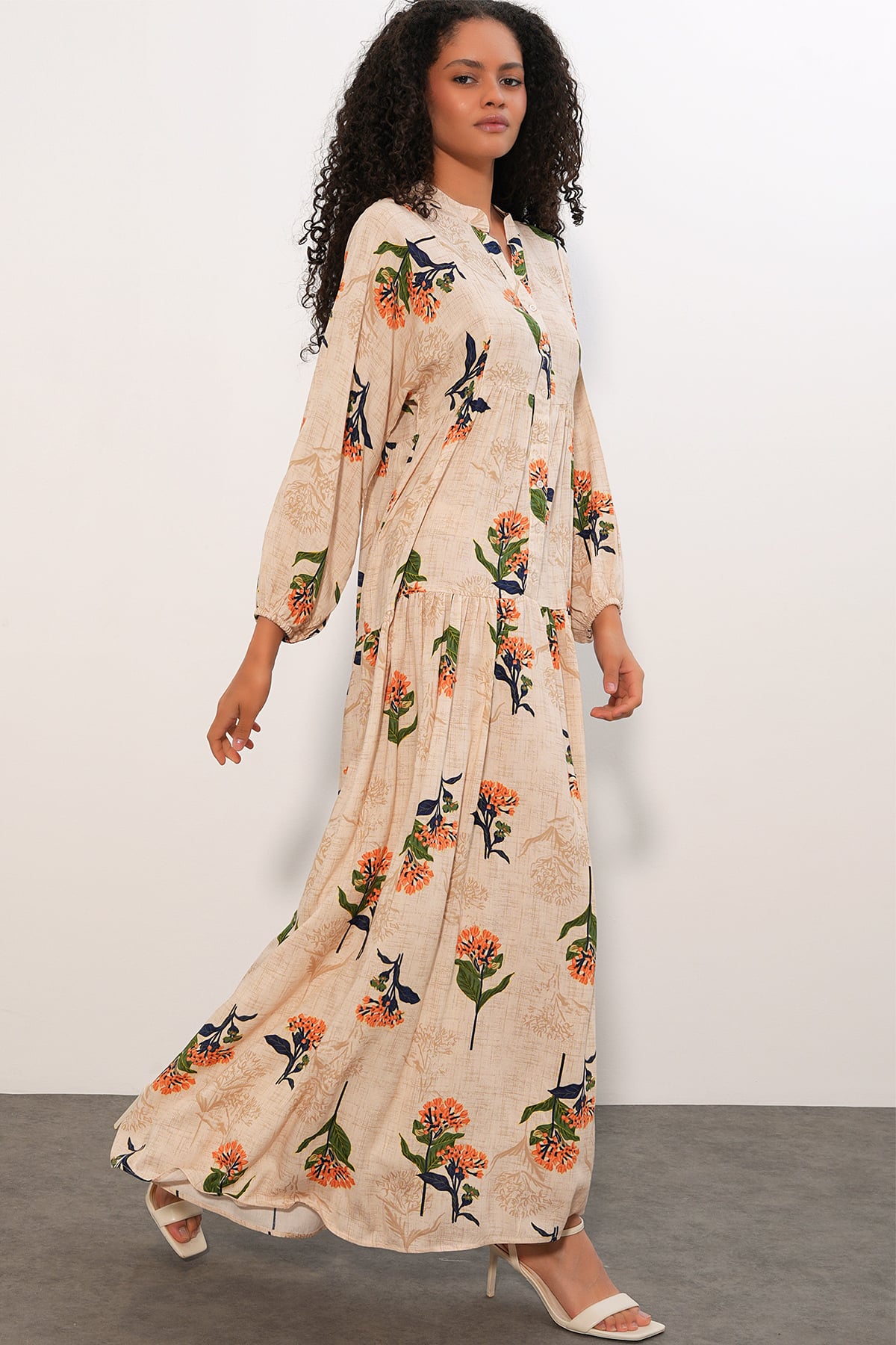 Women's Long Floral Dress with Band Collar and Gathered Waist - Orange - Bigdart - by Peralane - photo 2
