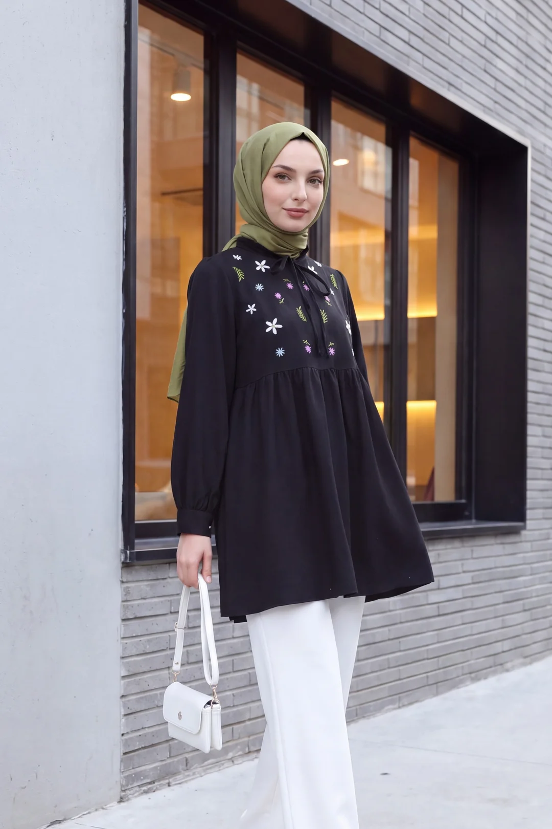 V-Neck Tie-Front Ruffled Floral Embroidered Poplin Tunic - Black - Podyumplus - by Peralane