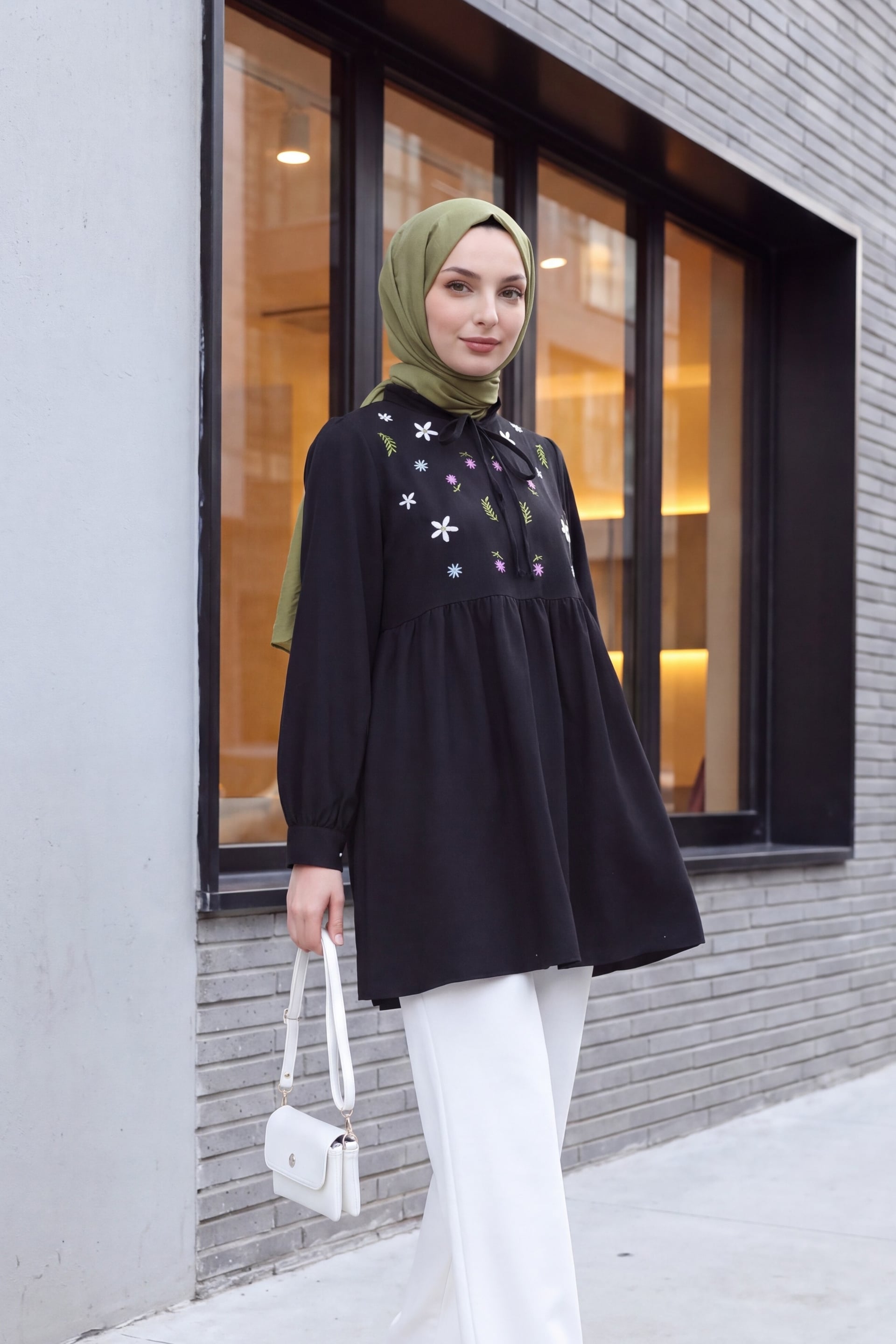 V-Neck Tie-Front Ruffled Floral Embroidered Poplin Tunic - Black - Podyumplus - by Peralane