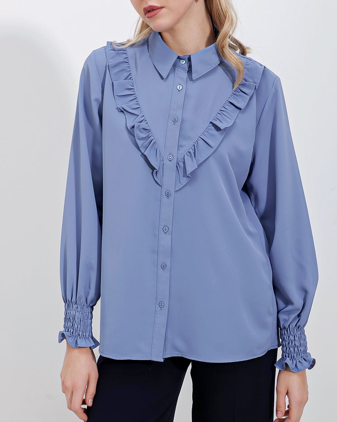 Ruffled Long Sleeve Blouse - Indigo - Bigdart - by Peralane - photo 8