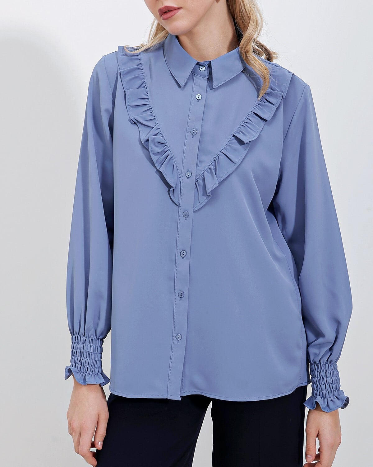 Ruffled Long Sleeve Blouse - Indigo - Bigdart - by Peralane - photo 8