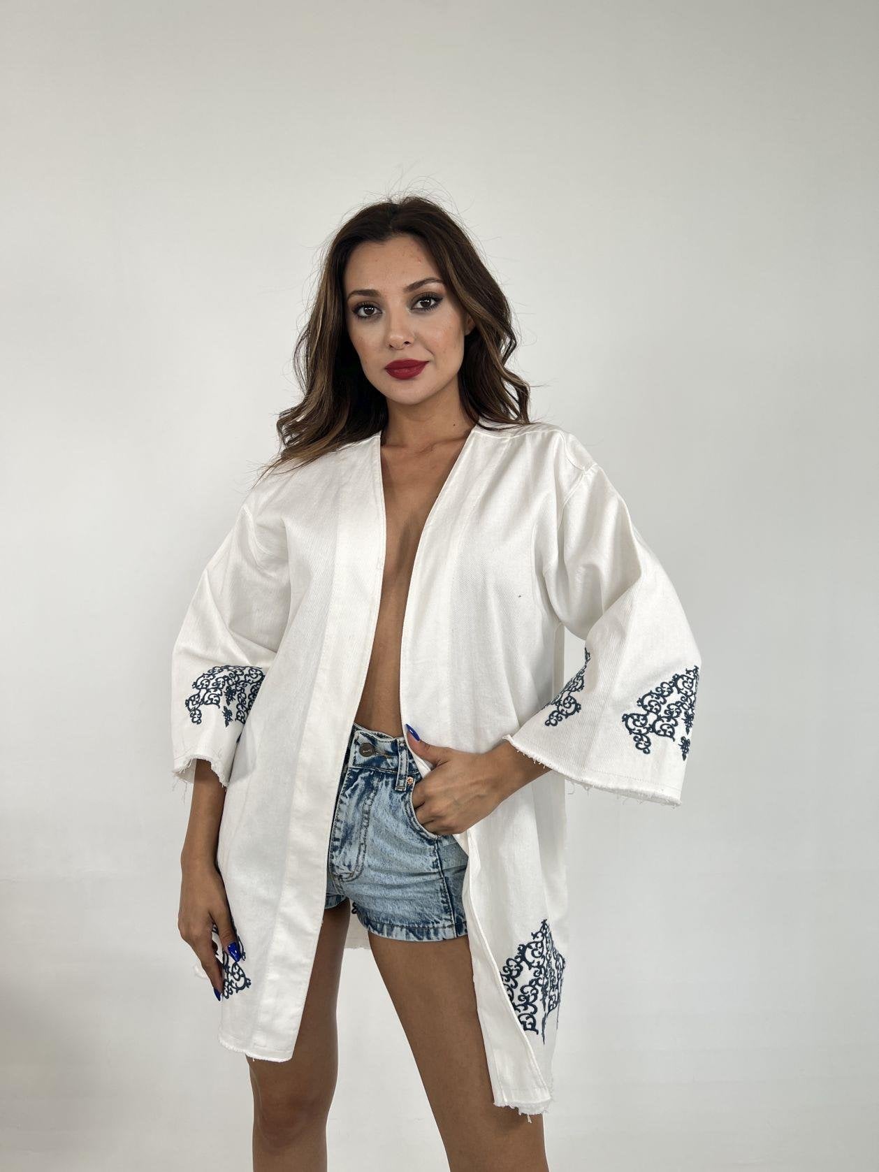 White Embroidered Kimono with Blue Pattern | Women's Lightweight Cotton Kimono - Fame - by Peralane