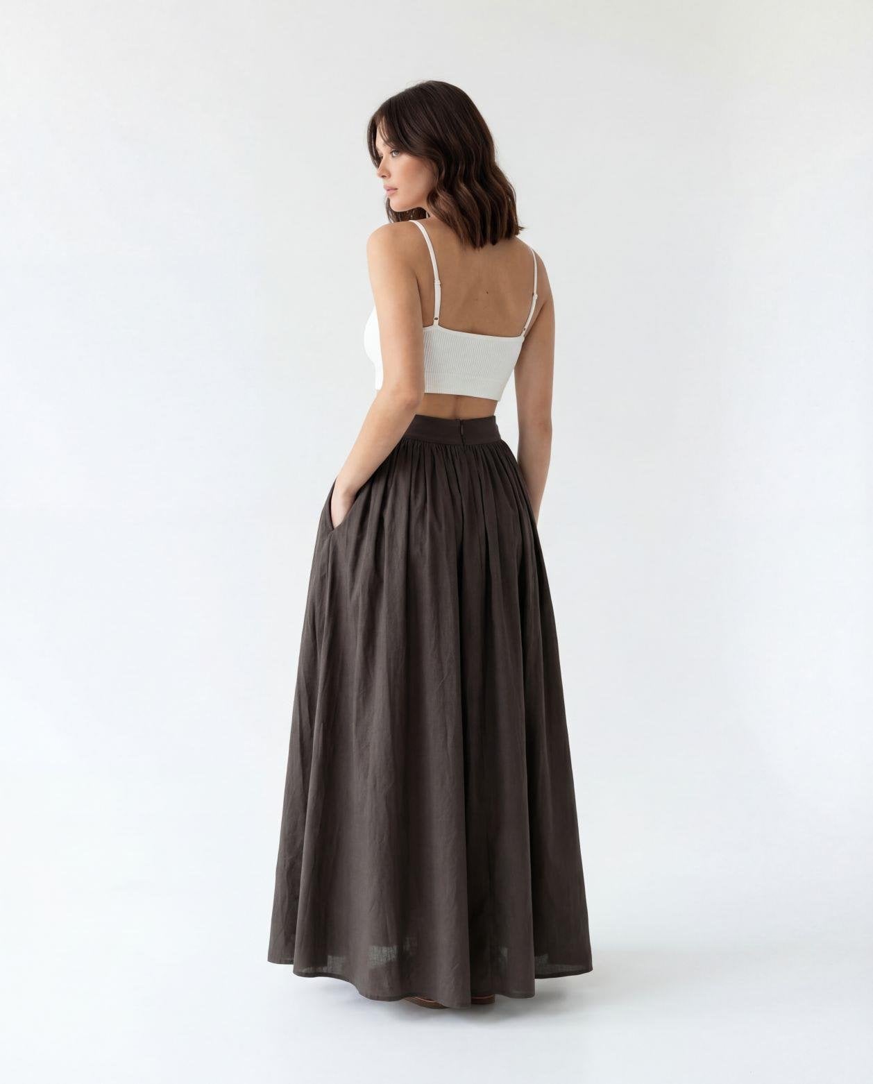 Women's Full-Length Cotton Skirt with Gathered Waist - Brown - Fame - by Peralane - photo 4