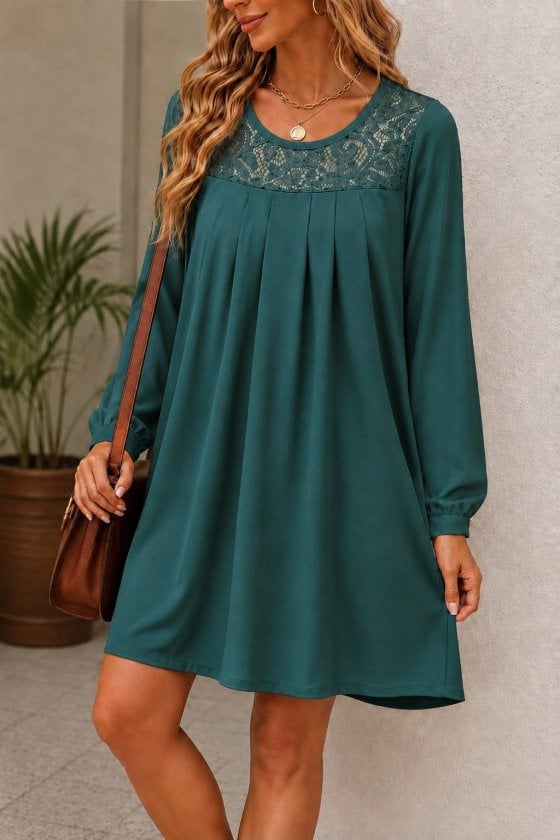 Women's Long Sleeve Round Neck Lace Pleated Short Crepe Dress - Janes - by Peralane