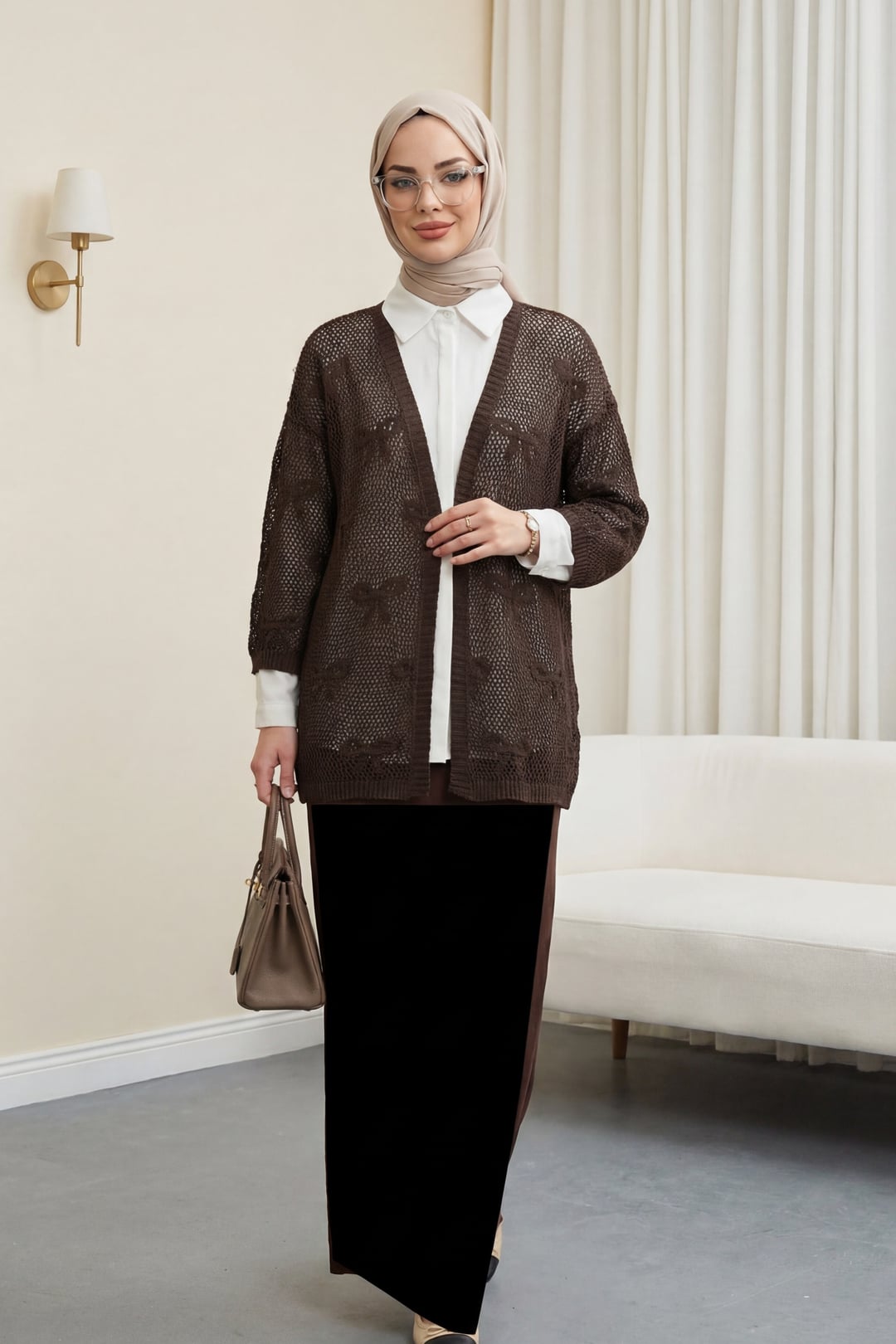 Bow Pattern Mesh Knit Cardigan - Dark Brown - Podyumplus - by Peralane - photo 2