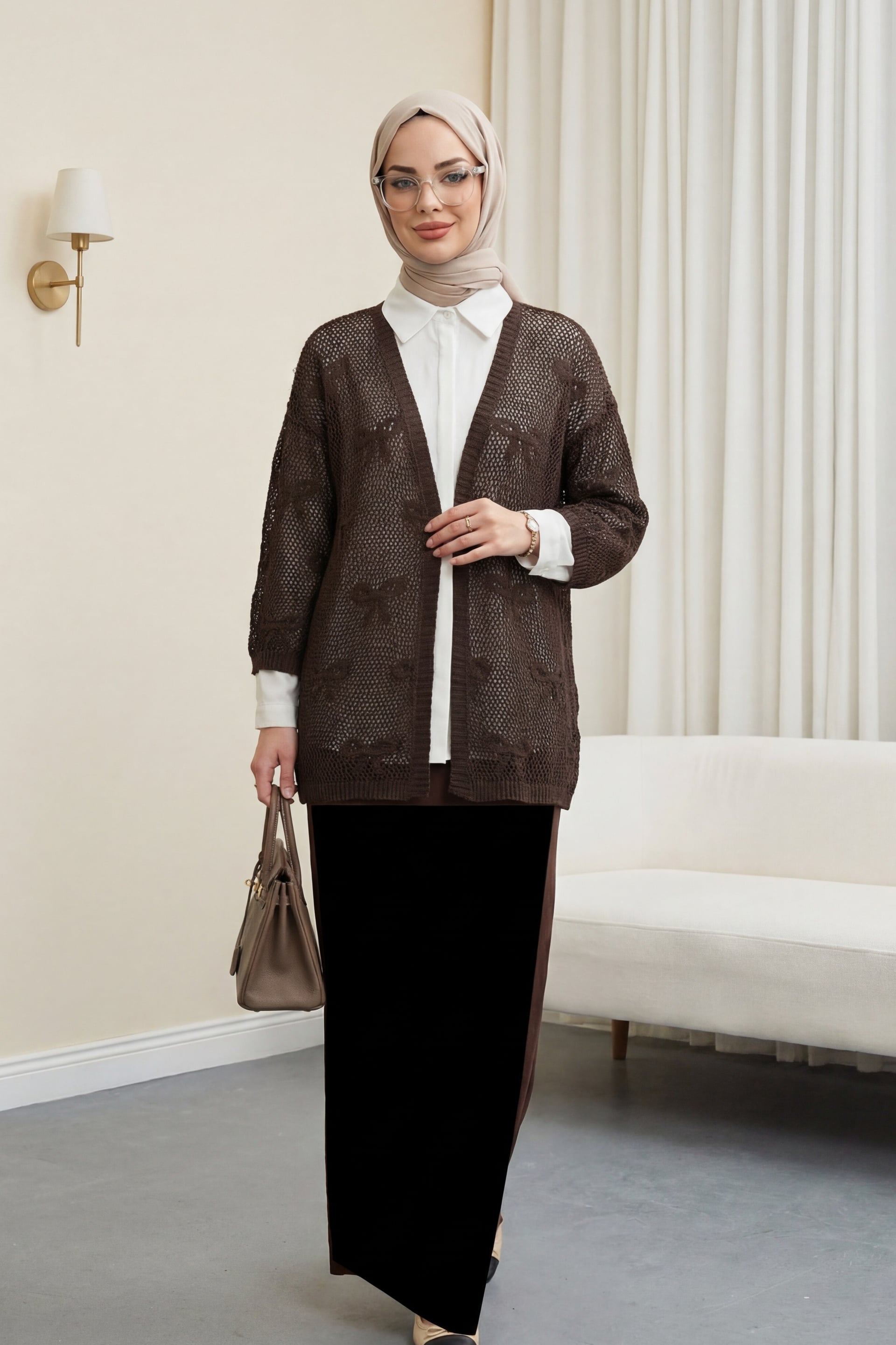 Bow Pattern Mesh Knit Cardigan - Dark Brown - Podyumplus - by Peralane - photo 2