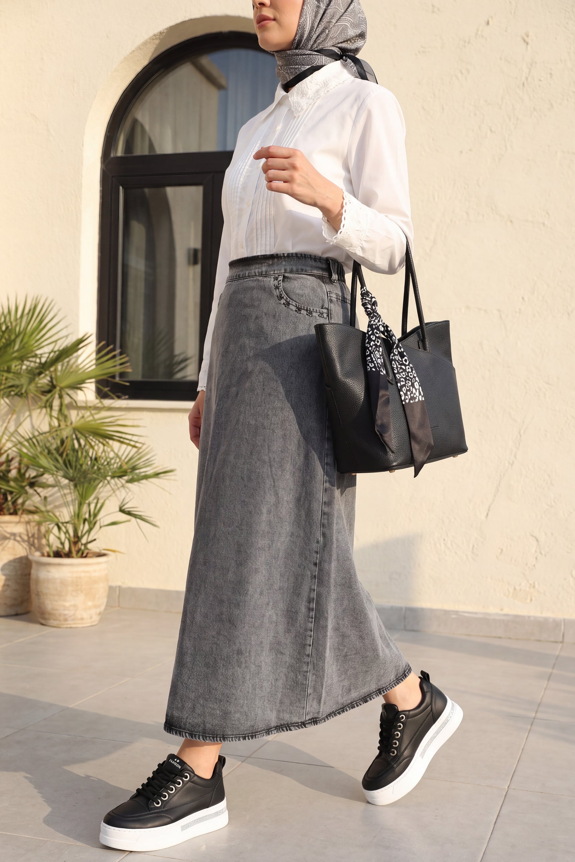 Half Elastic Waist Pocket Embroidered Denim Skirt - Smoke - Podyumplus - by Peralane - photo 2