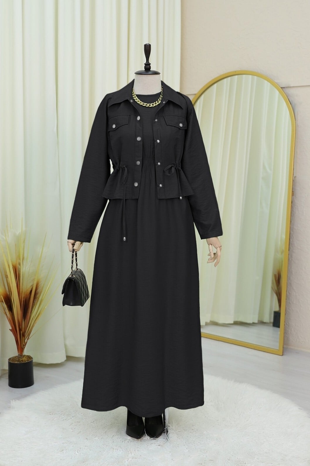 Black Shirt Dress with Metal Buttons and Tie Waist - Podyumplus - by Peralane - photo 3