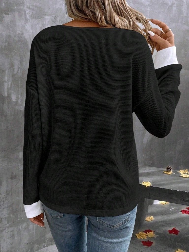 Women's Long Sleeve V-Neck Waffle Blouse - Black - Janes - by Peralane - photo 5