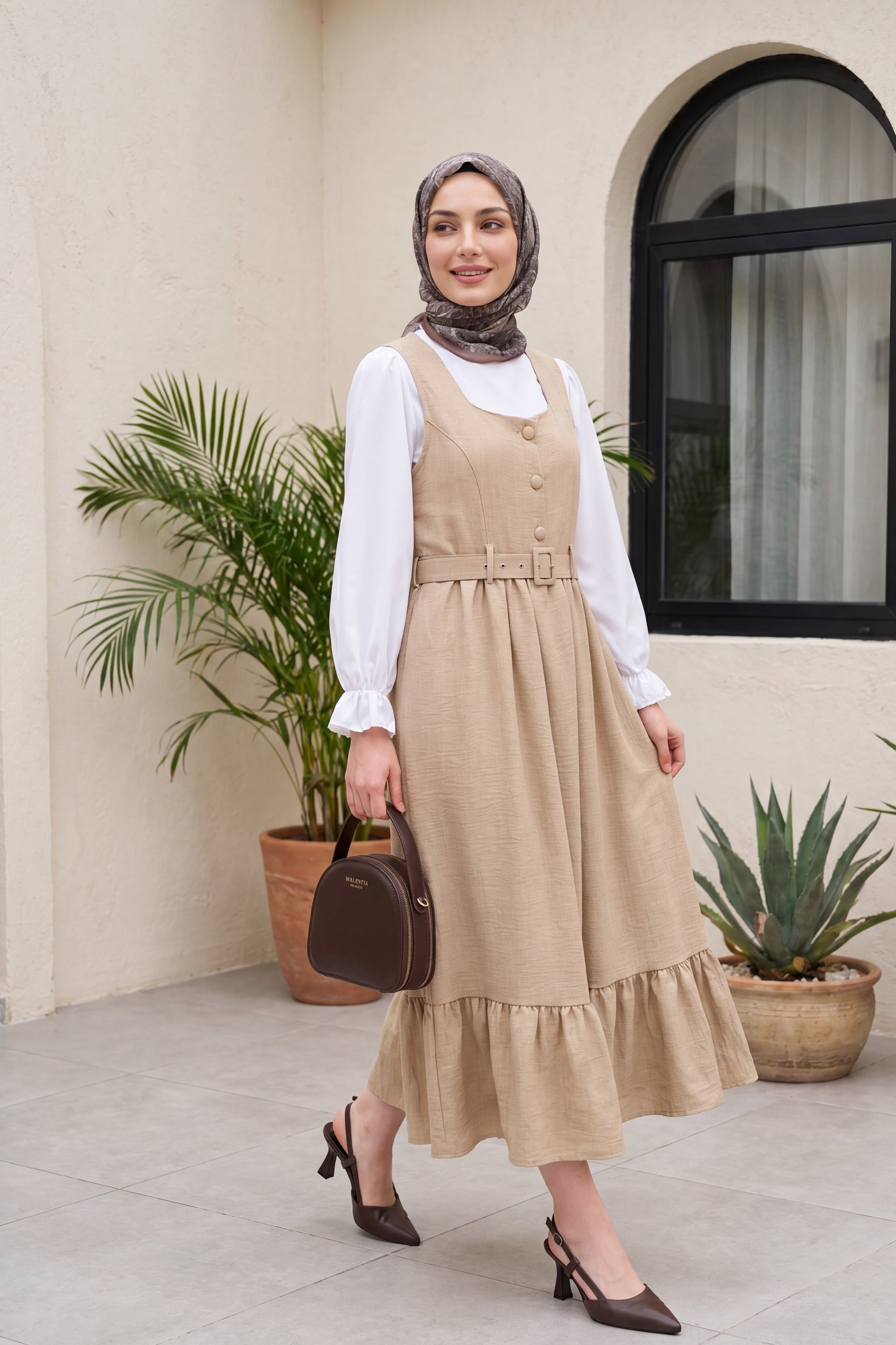 Mink Button-Front Tiered Pinafore Dress with Belt - Women's Modest Set - Podyumplus - by Peralane - photo 2