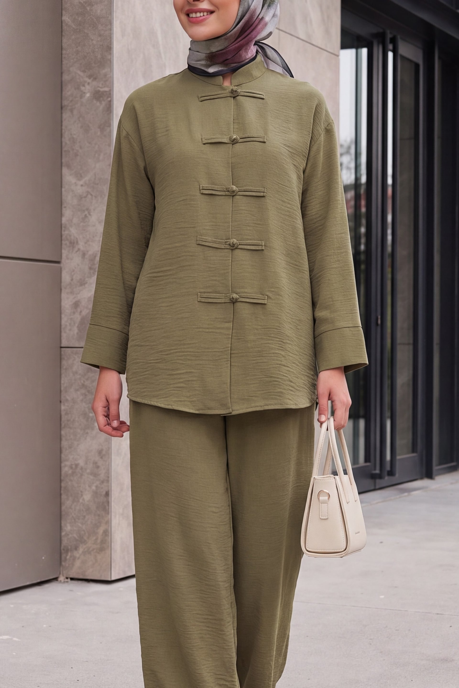 Women's Oversize Shirt and Wide-Leg Trousers Linen Two-Piece Set 30126 - Olive Green - Bigdart - by Peralane