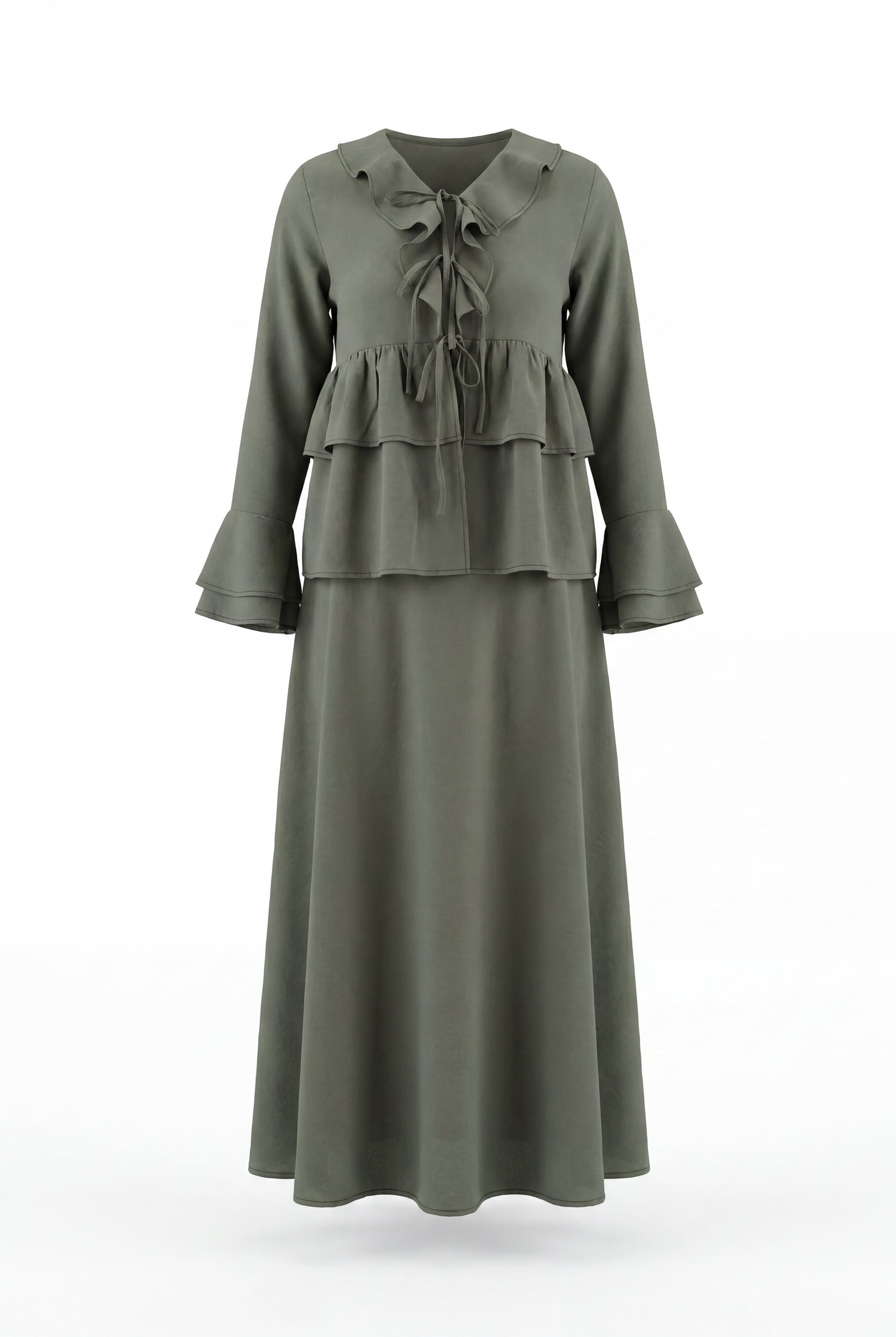 Olive Green Tie-Front Ruffle Bell Sleeve Blouse and Maxi Skirt Two-Piece Set - Podyumplus - by Peralane - photo 5