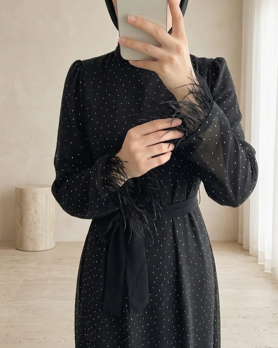 Feather Trim Sleeve Polka Dot Belted Dress - Black - Podyumplus - by Peralane - photo 2
