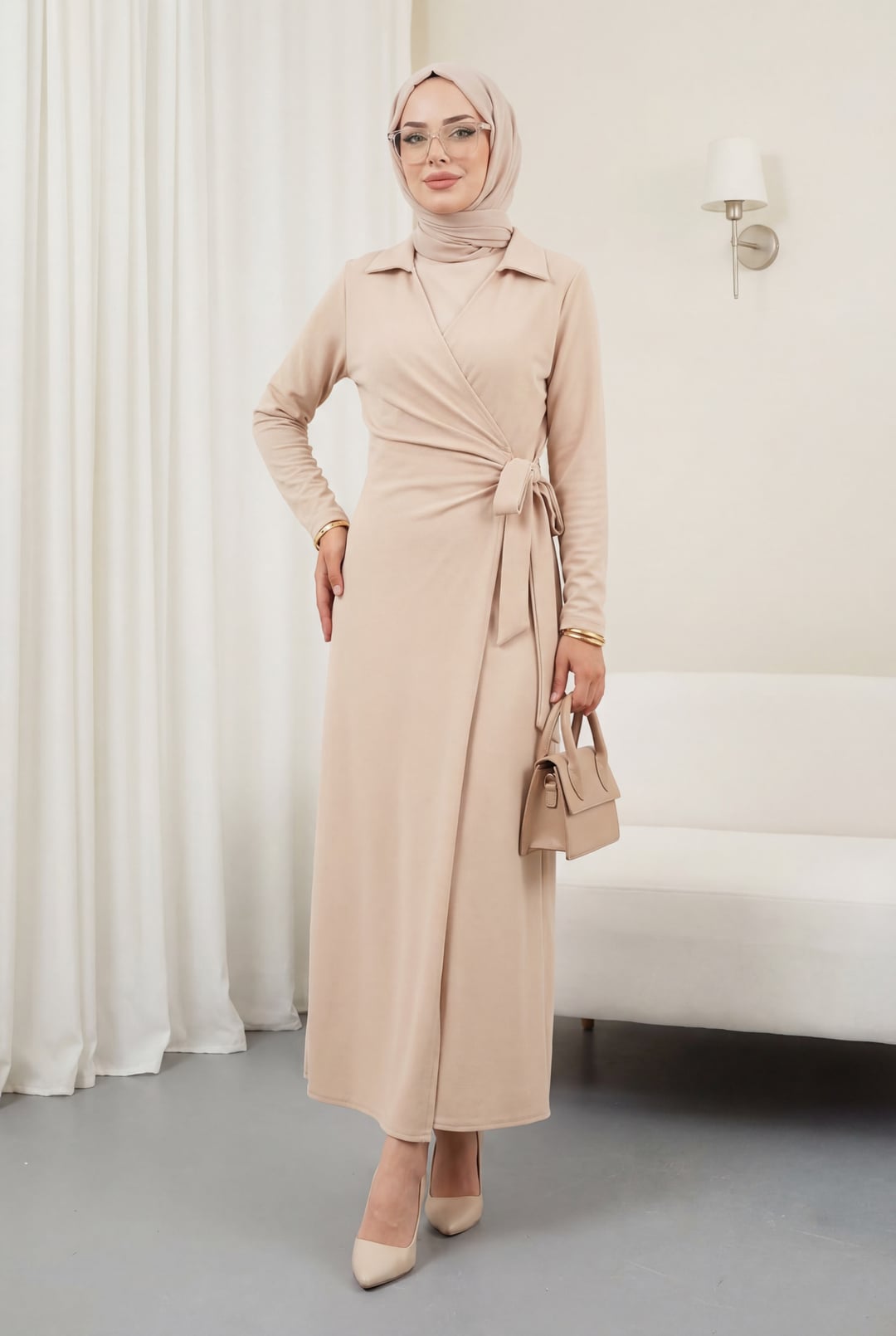 Women's Double-Layer Wrap Dress with Side Tie - Beige - Podyumplus - by Peralane