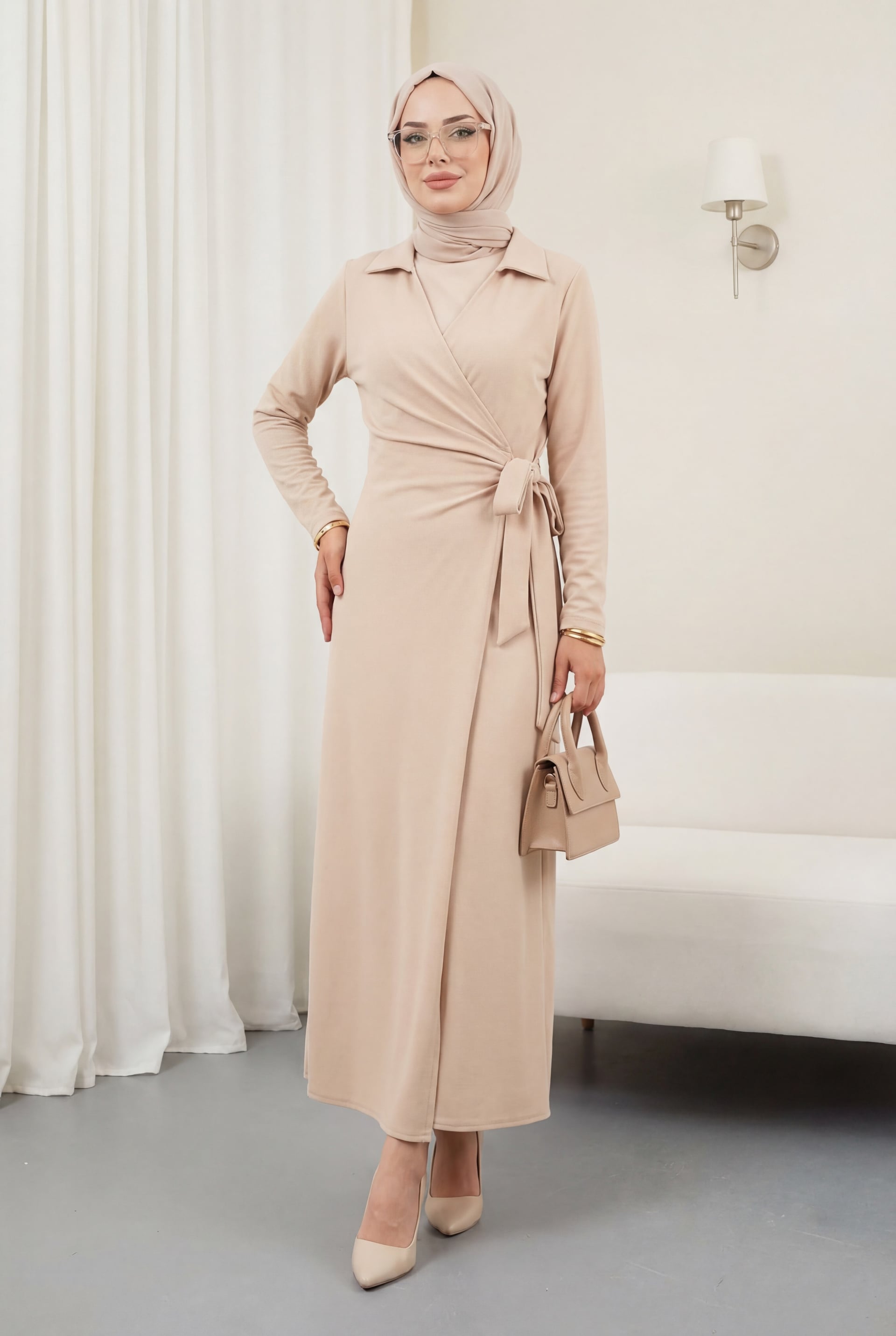 Women's Double-Layer Wrap Dress with Side Tie - Beige - Podyumplus - by Peralane