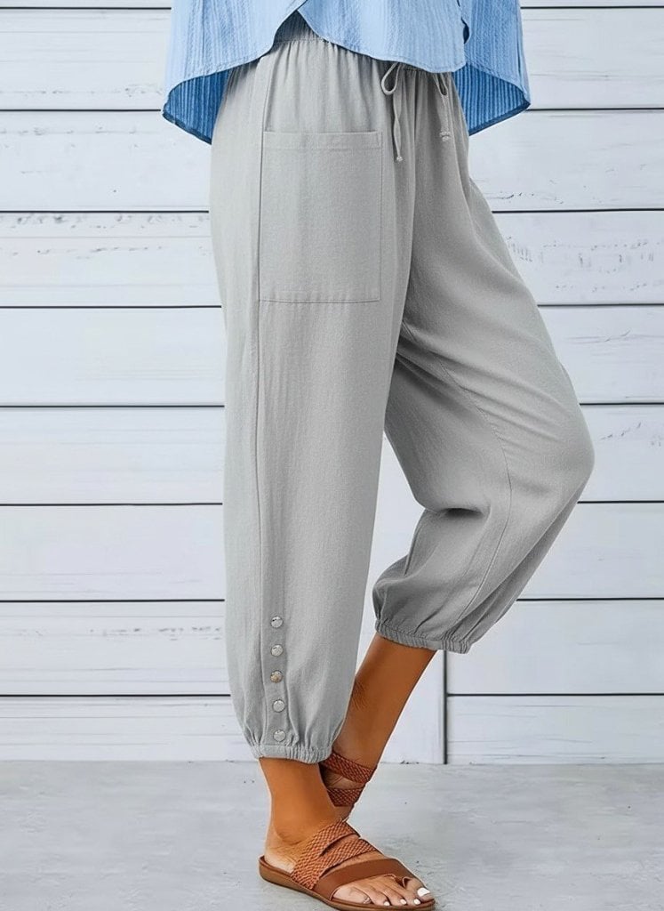 Women's Light Grey Elasticated Waist Drawstring Trousers with Button Detail - Janes - by Peralane
