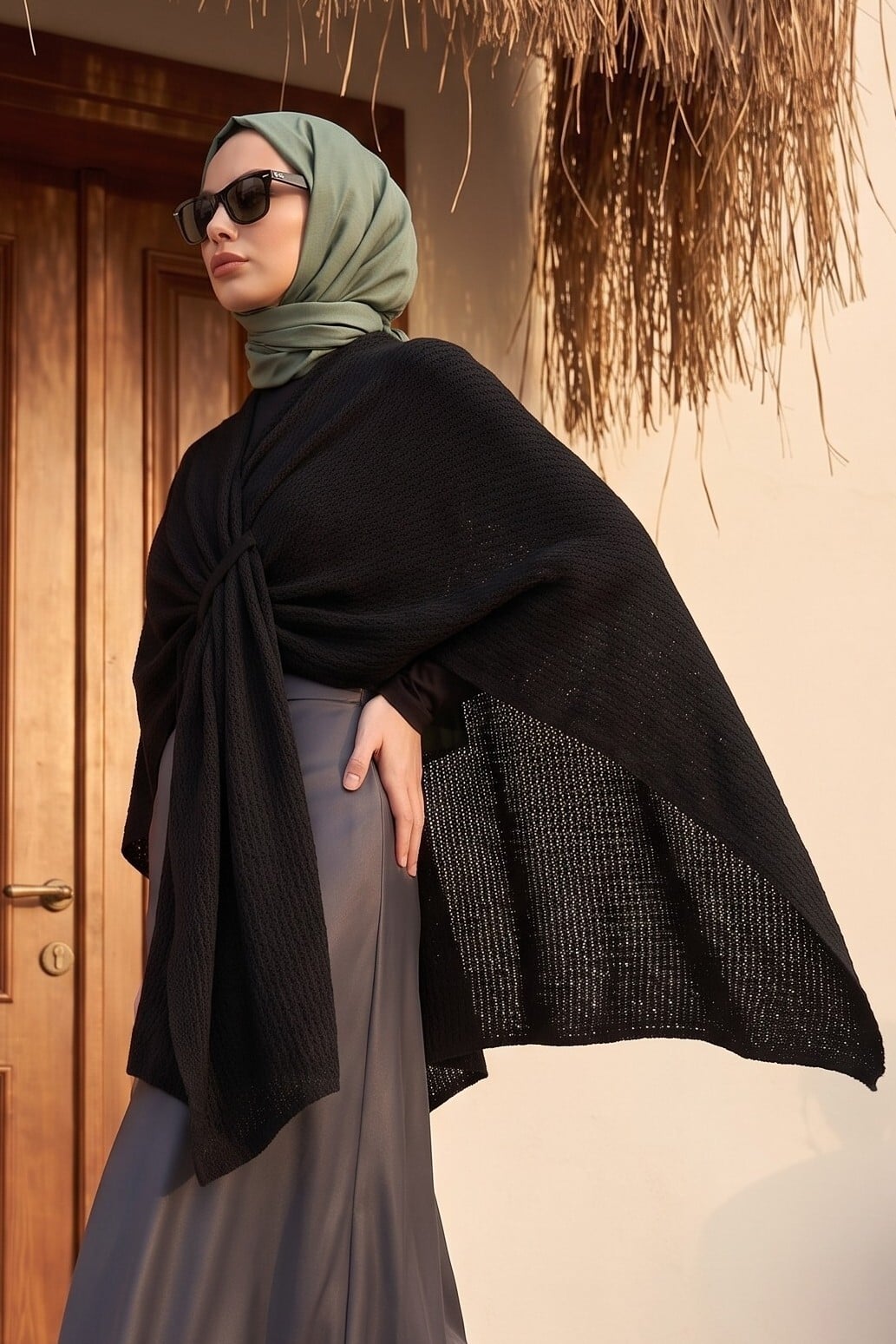 Black Knit Wrap Poncho - Podyumplus - by Peralane - photo 2