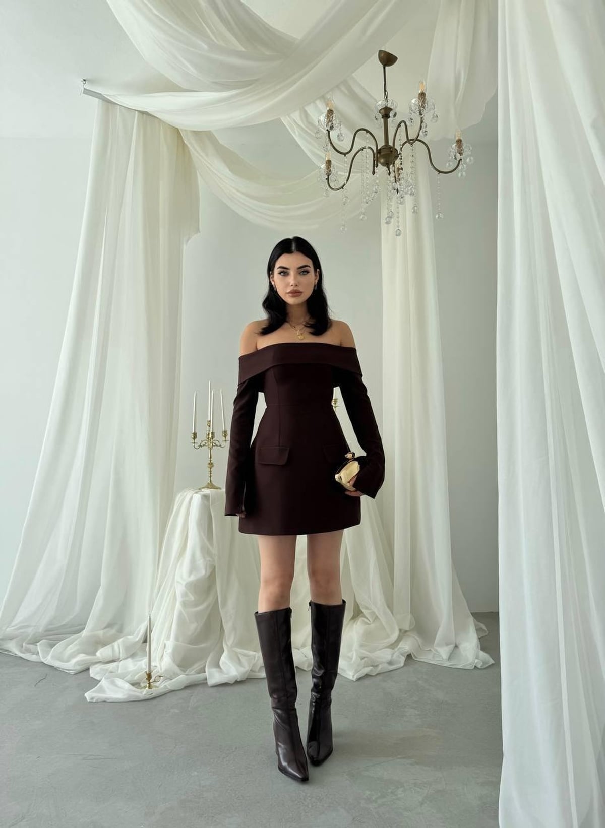 Dark Brown Off-Shoulder Long Sleeve Dress with Flared Skirt - Etika - by Peralane - photo 9