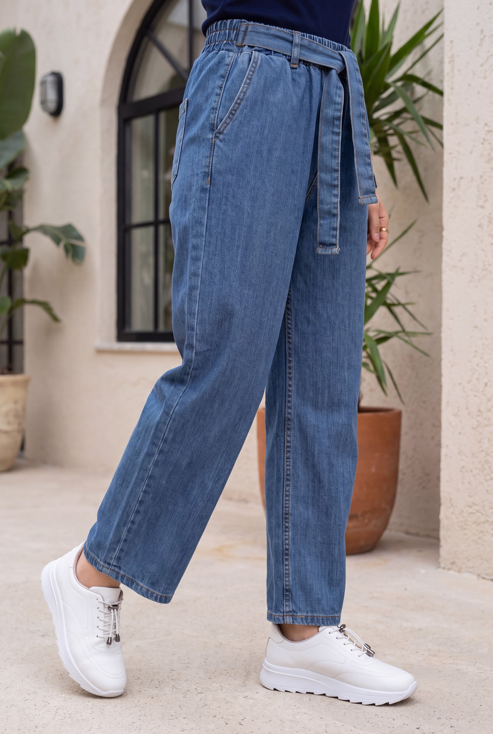 Belted Elasticated Pocket Denim Trousers - Blue - Podyumplus - by Peralane - photo 2