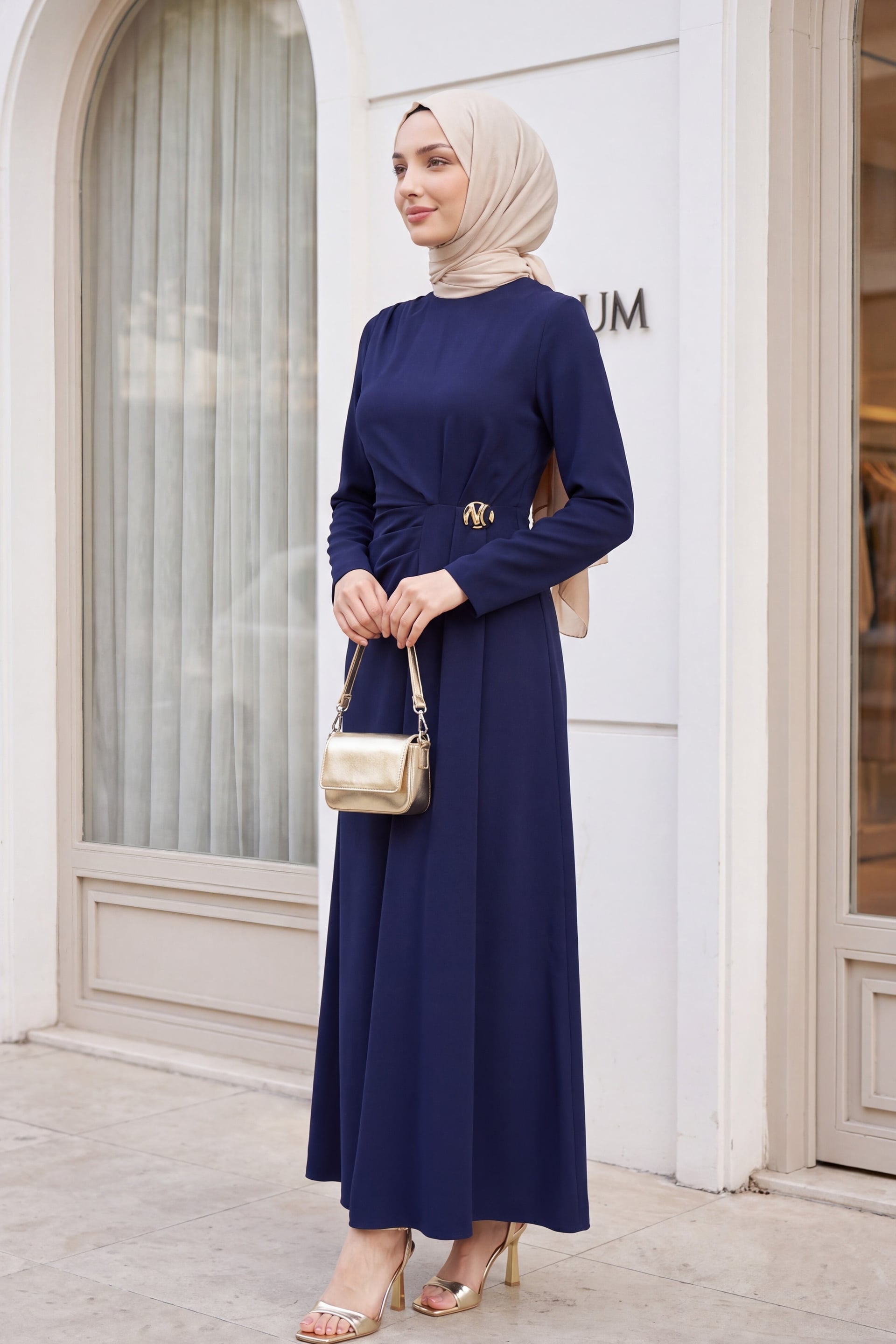 Navy Blue Double Crepe Dress with Pleated Shoulder and Brooch Detail - Podyumplus - by Peralane - photo 4