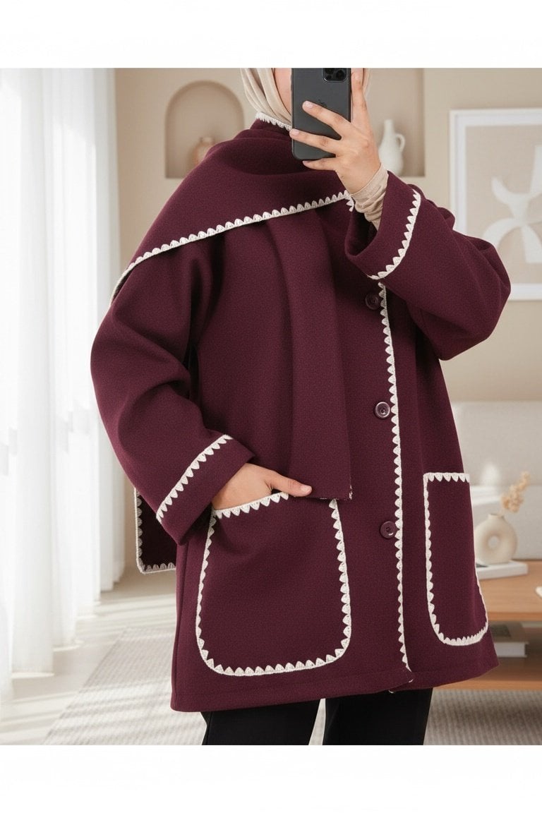 Burgundy Button-Front Coat with Scarf Collar and Pockets - Podyumplus - by Peralane