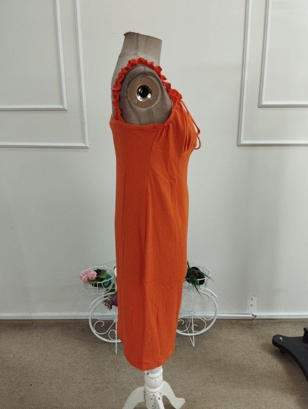 Women's Orange Ribbed Knit Bodycon Dress with Square Neckline and Tie-Front Detail - Janes - by Peralane - photo 8