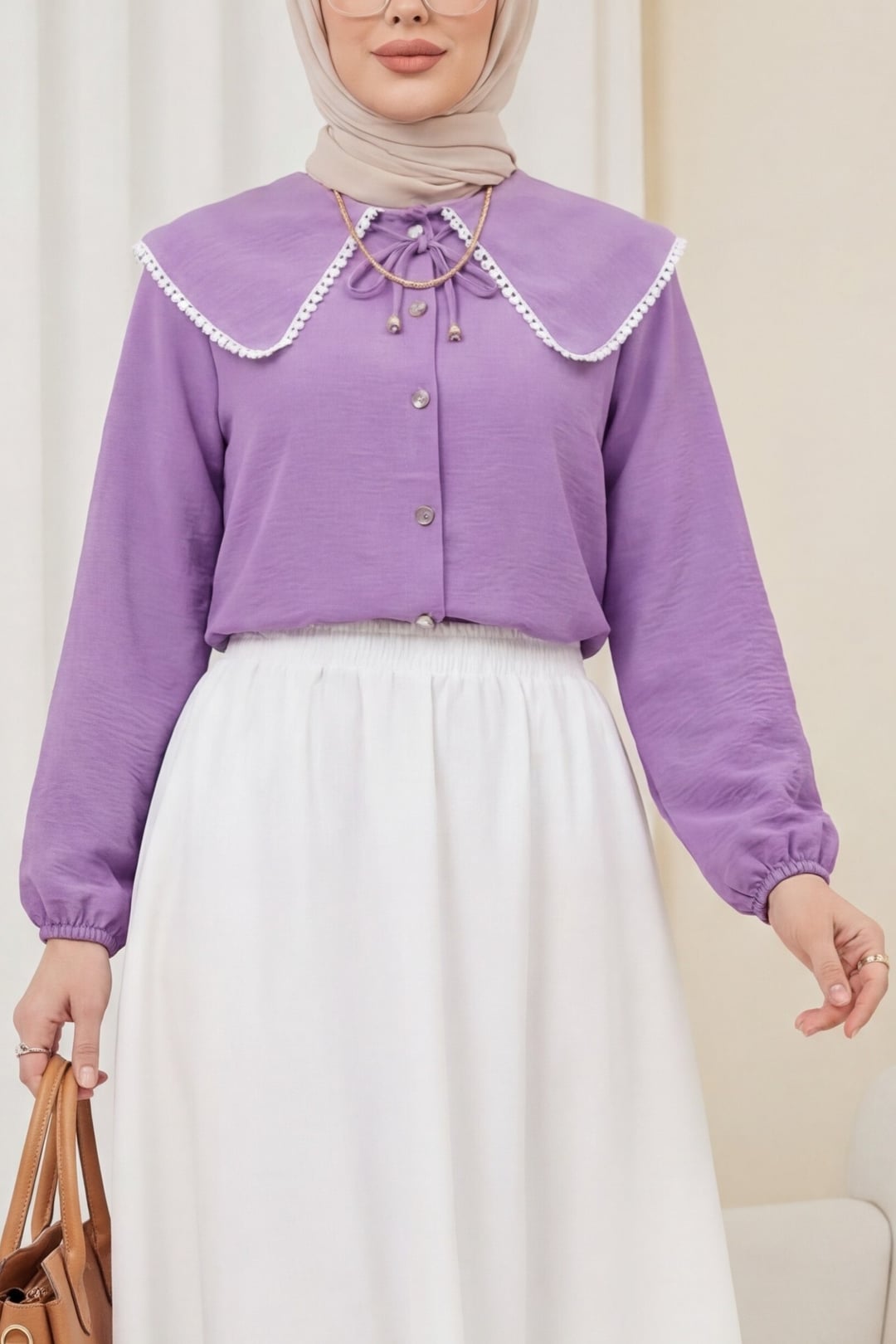 Lace Peter Pan Collar Long-Sleeve Blouse - Lilac - Podyumplus - by Peralane