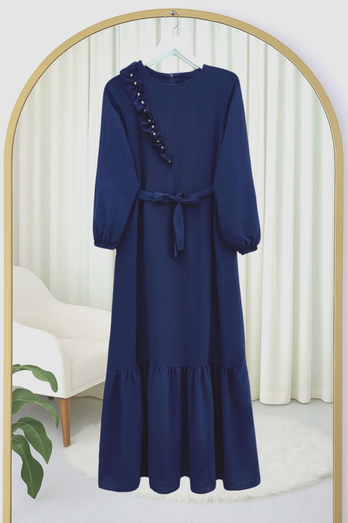 Navy Blue Ruffled Stone Detail Tiered Belted A-Line Dress - Podyumplus - by Peralane - photo 3