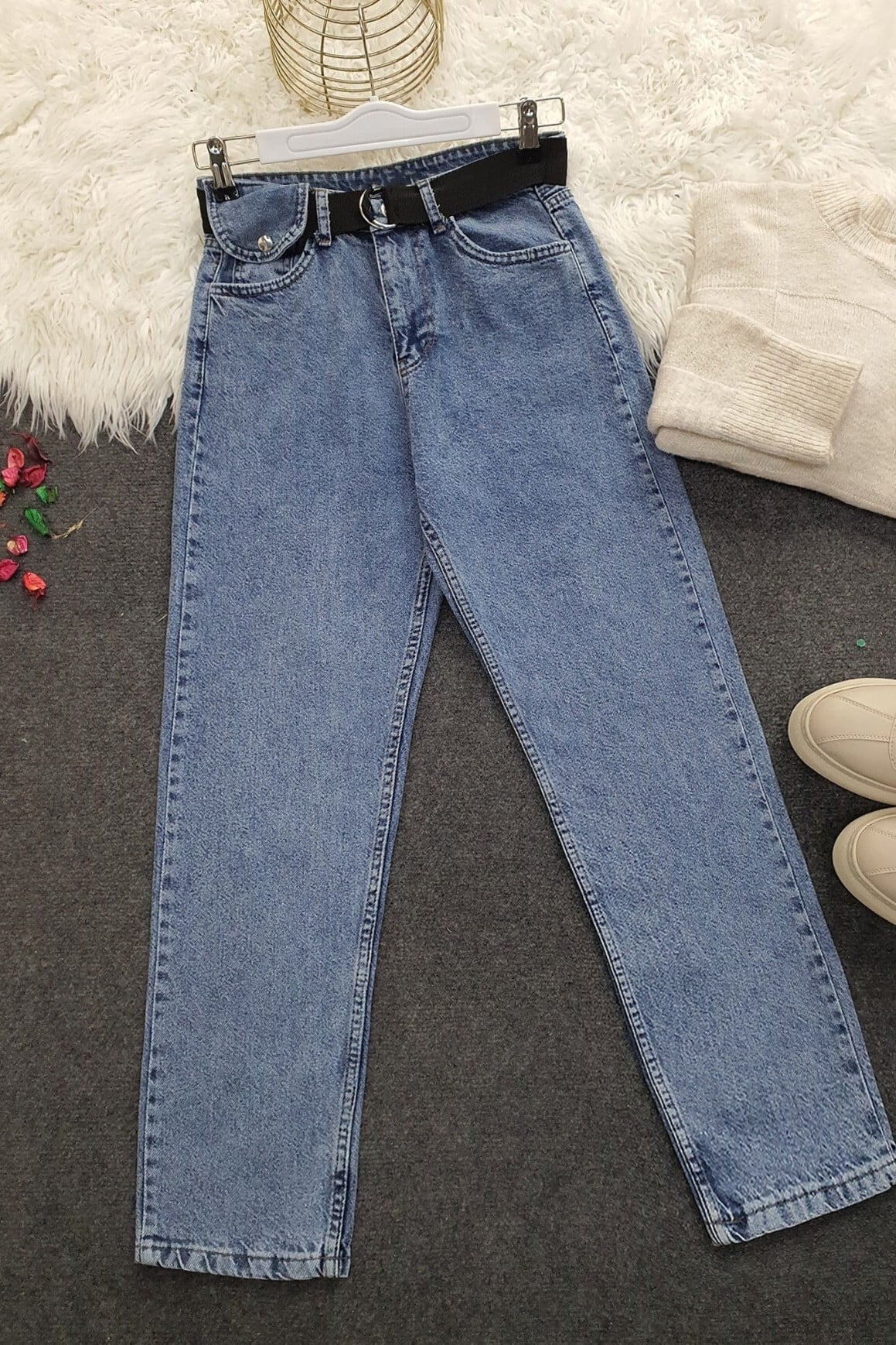 Women's High Waist Acid Wash Jeans with Belt - Dark Blue - Podyumplus - by Peralane - photo 5