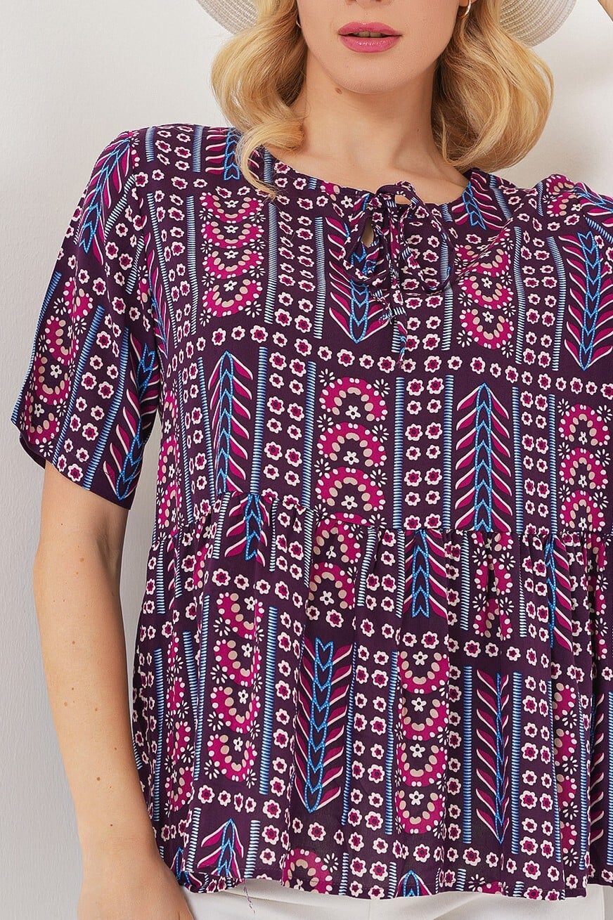 Women's Patterned Short Sleeve Blouse - Plum - Wholeskop - by Peralane - photo 4