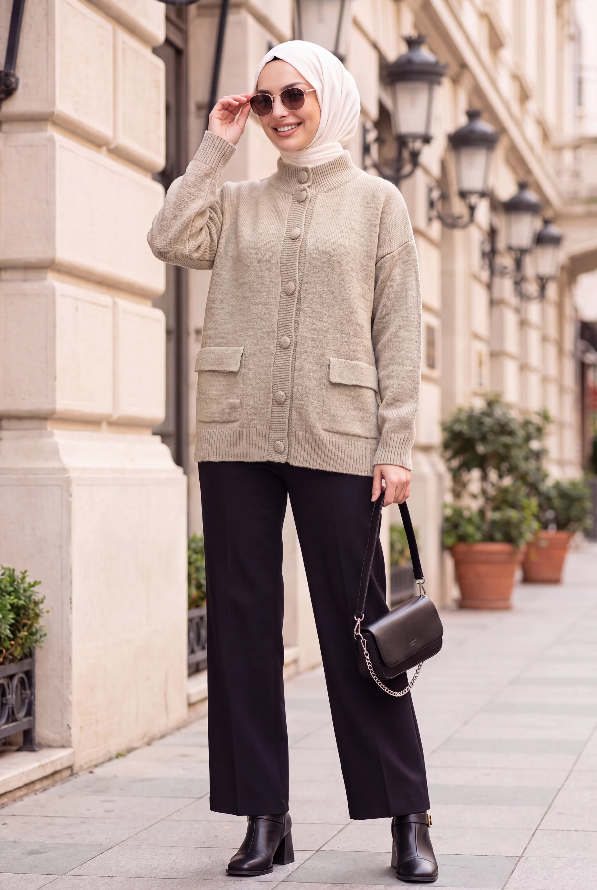 Beige Knit Cardigan with Mock Neck and Button Front for Women - Podyumplus - by Peralane - photo 3