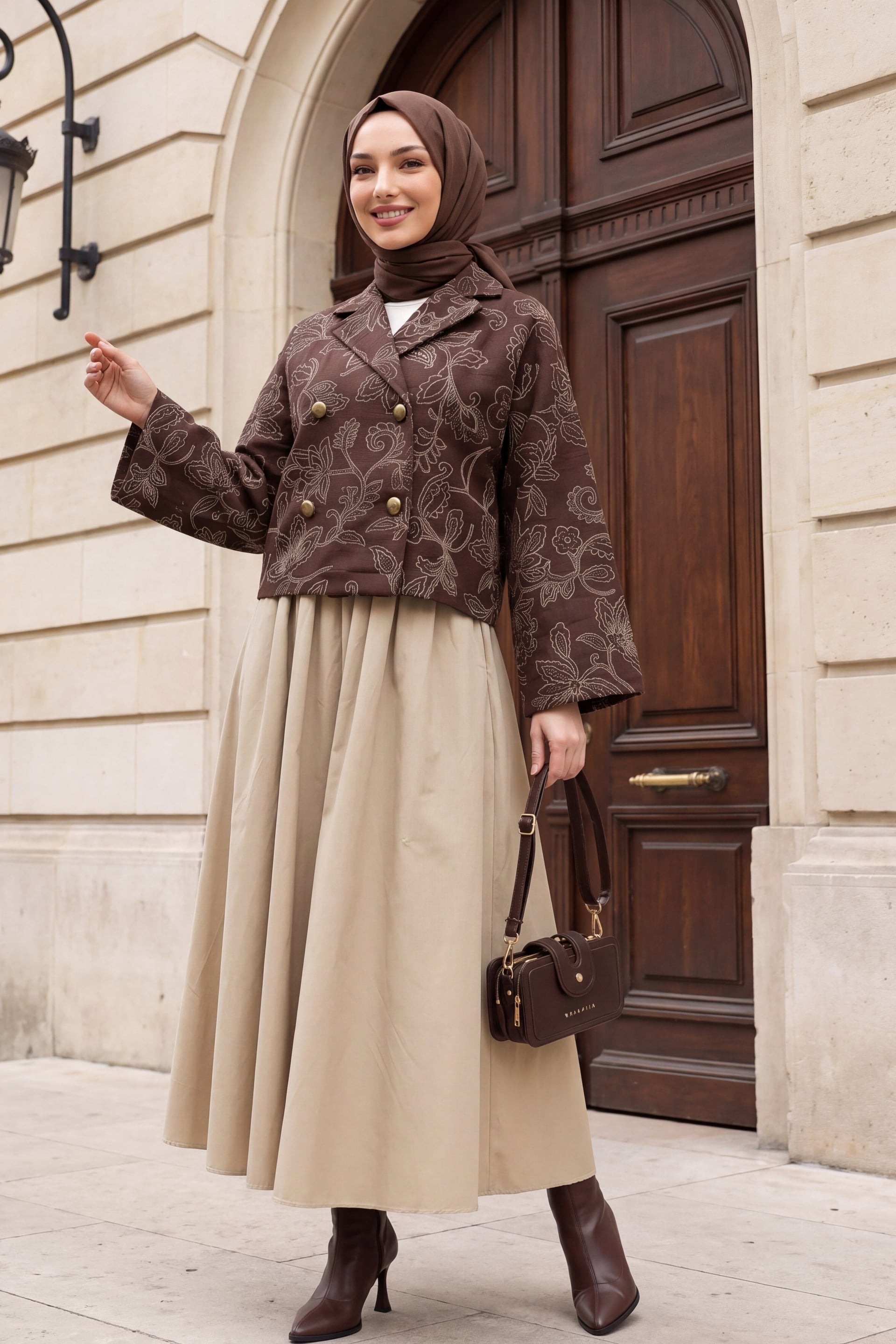 Shirt Collar Mixed Print Button Front Quilted Jacket - Brown - Podyumplus - by Peralane - photo 5