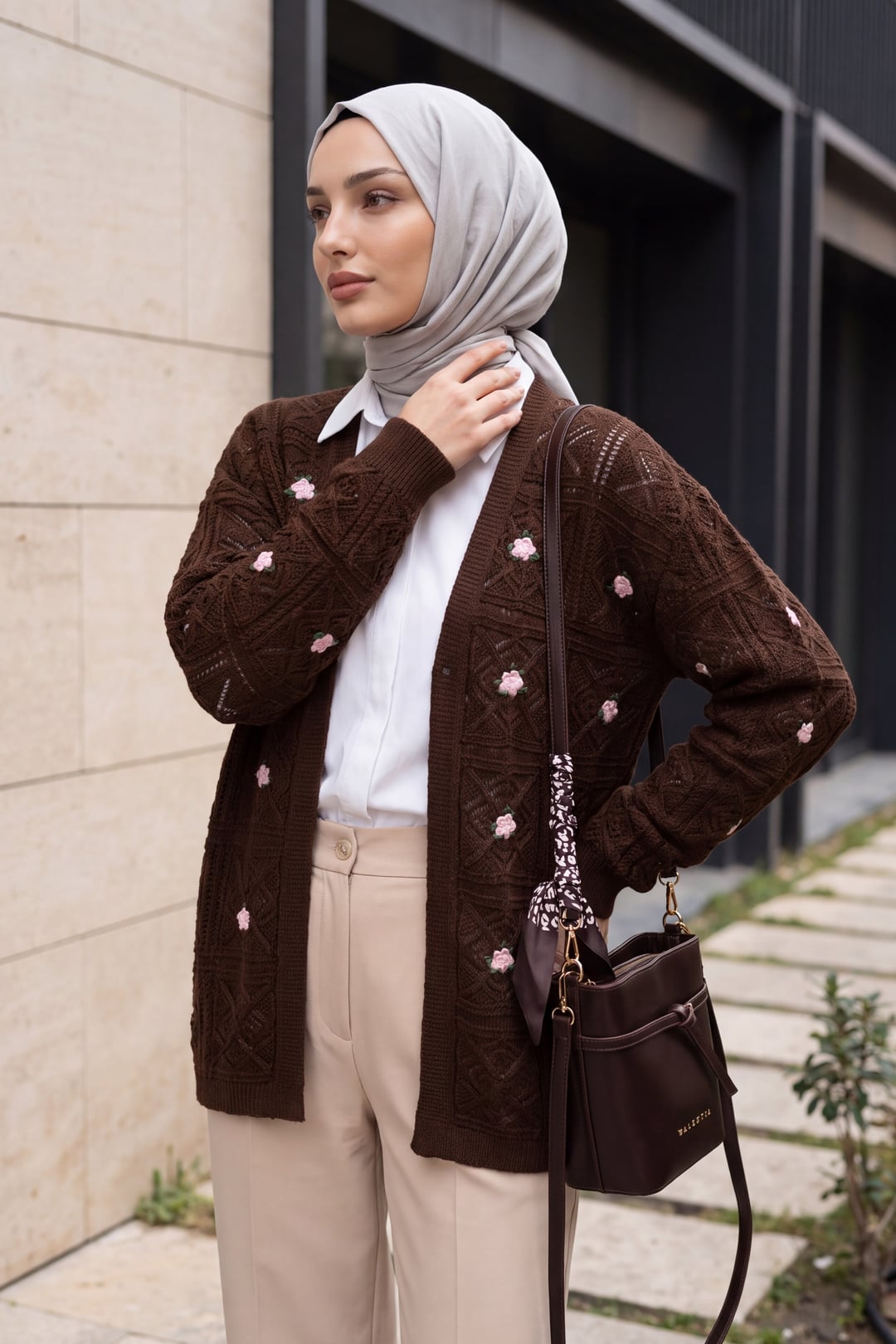 Brown Cable Knit Cardigan with Floral Embroidery - Podyumplus - by Peralane - photo 2