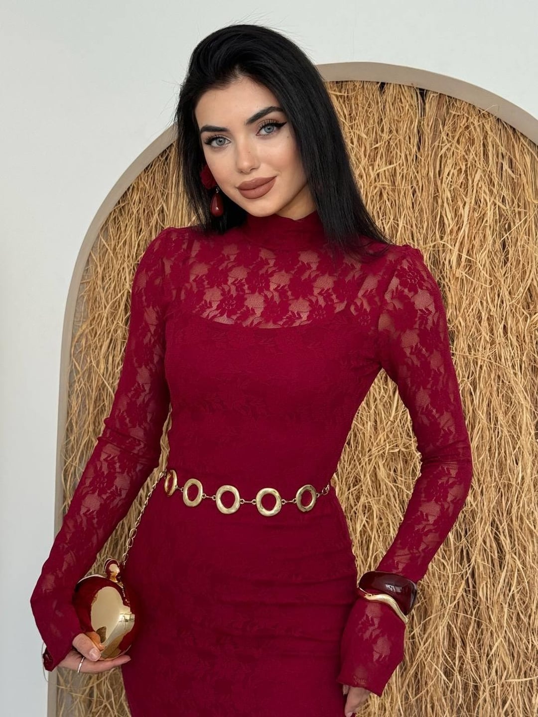 Bela Midi Dress ETK-00226 in Deep Red with Floral Lace - Etika - by Peralane