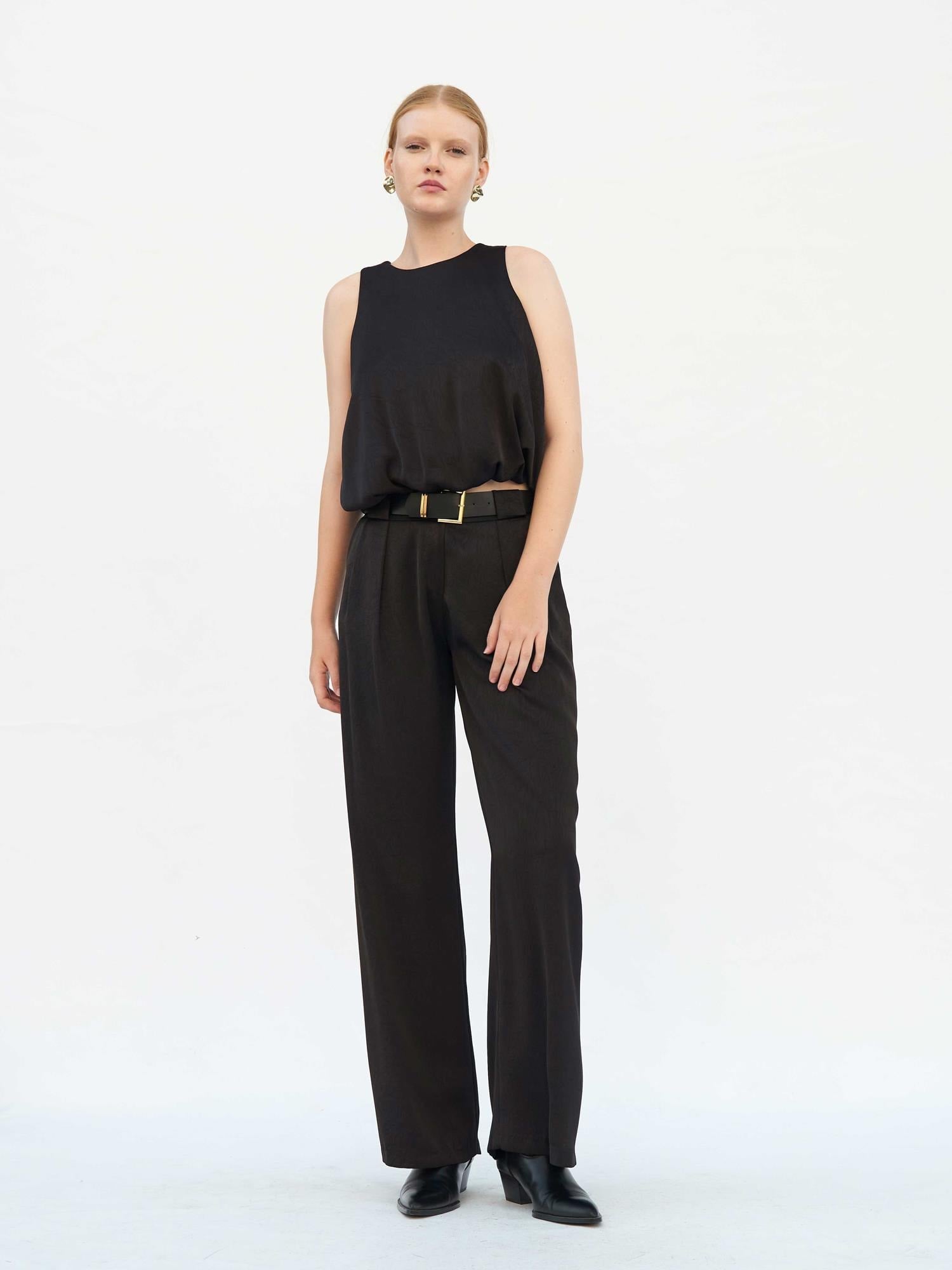 Black Satin Belted Wide-Leg Trousers - Lefon - by Peralane - photo 4
